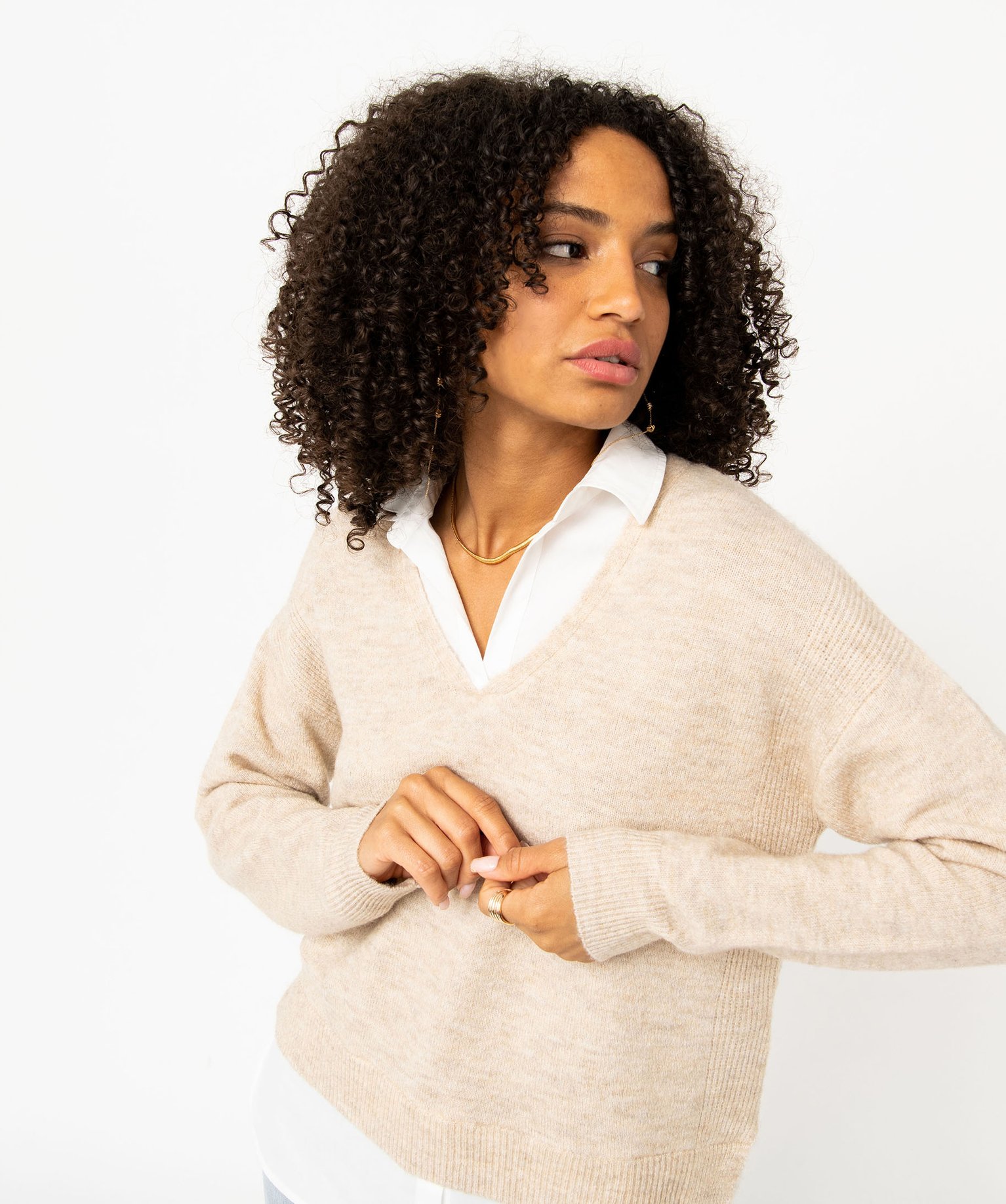 Pull 2 en 1 avec chemise femme beige | GEMO