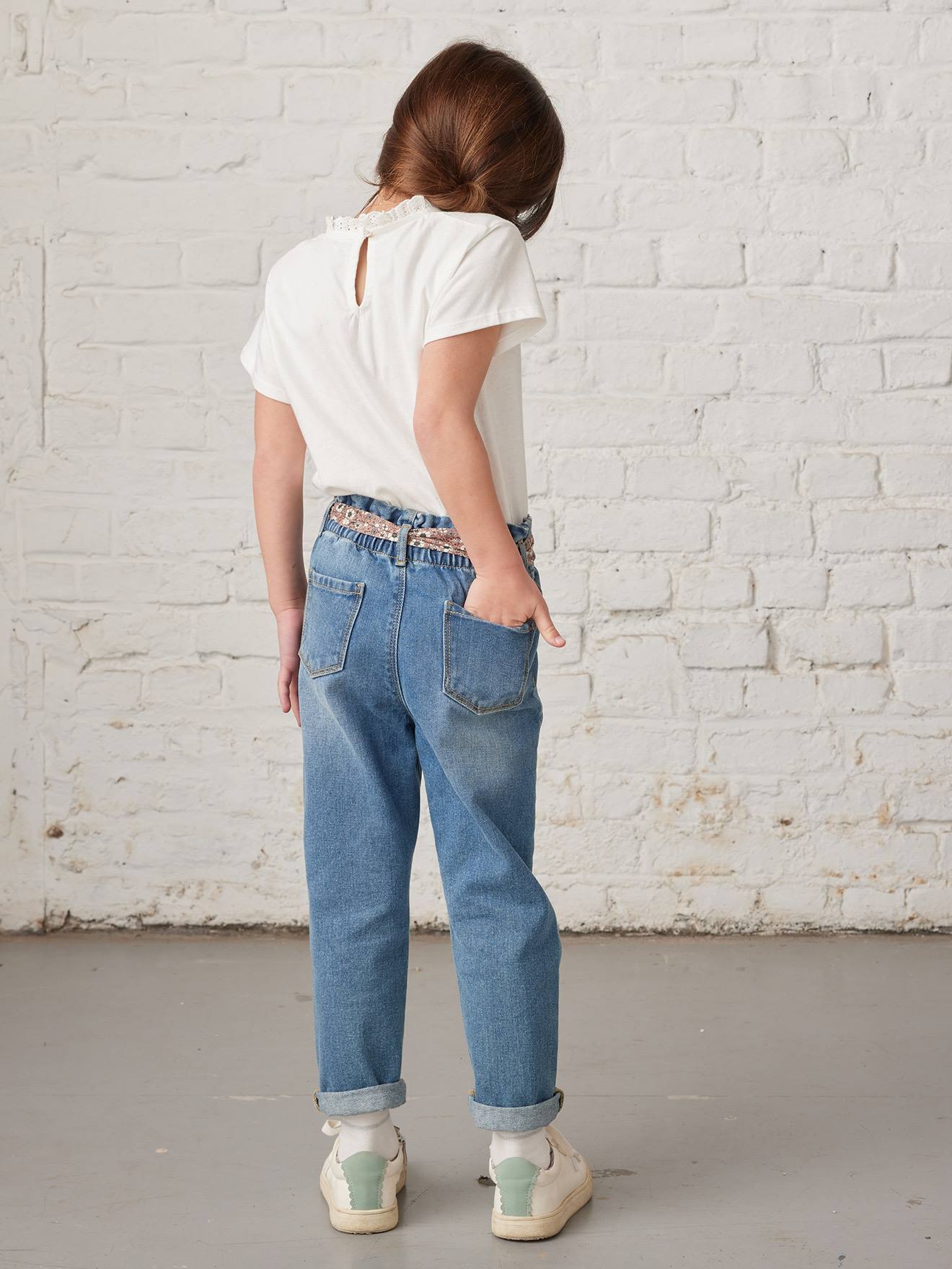 Vertbaudet Mädchen Paperbag-Jeans mit Blumen-Gürtel - grauer denim