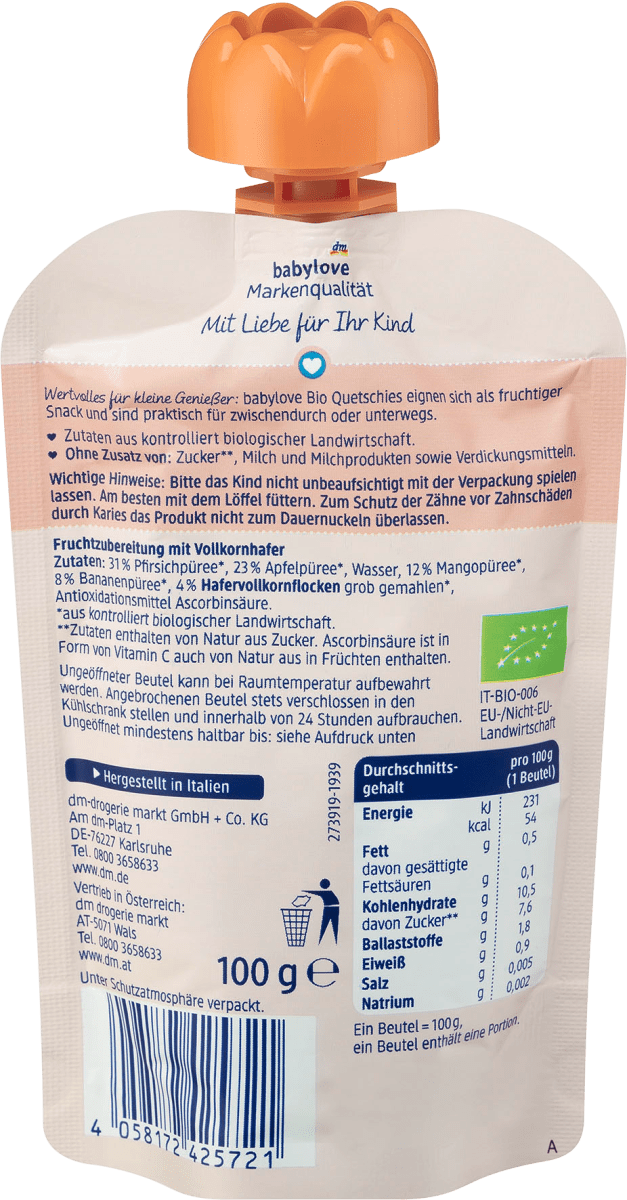 Quetschie Apfel & Mango in Pfirsich mit Hafer ab 1 Jahr, 100 g
