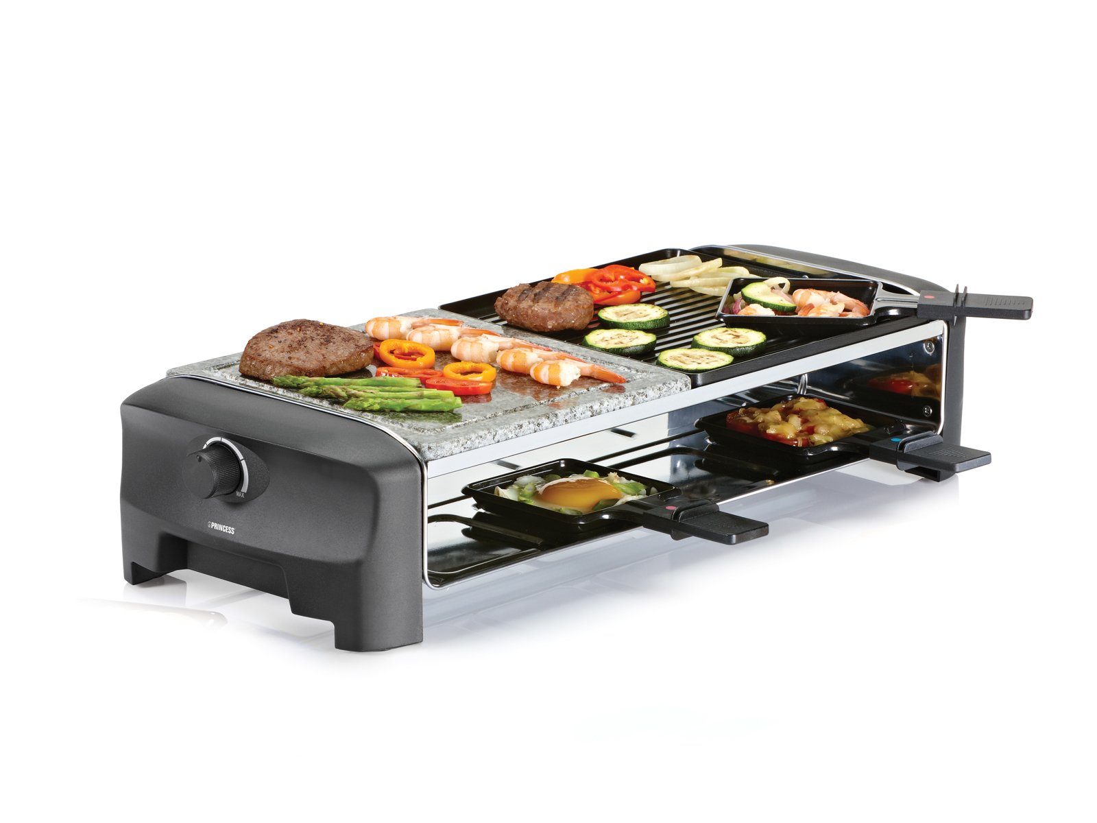 Setpoint Raclette, 8 Raclettepfännchen, 1400 W, großes Gerät 2-8 Personen Tisch-Grill Stein & wendbare Griddle Platte