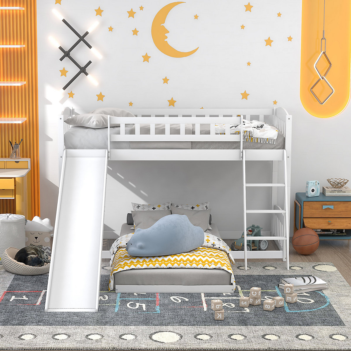 Etagenbett mit Rutsche, Niedriger Kinderbett Etagenbettrahmen Massives Kiefernbett 90 x 200 cm