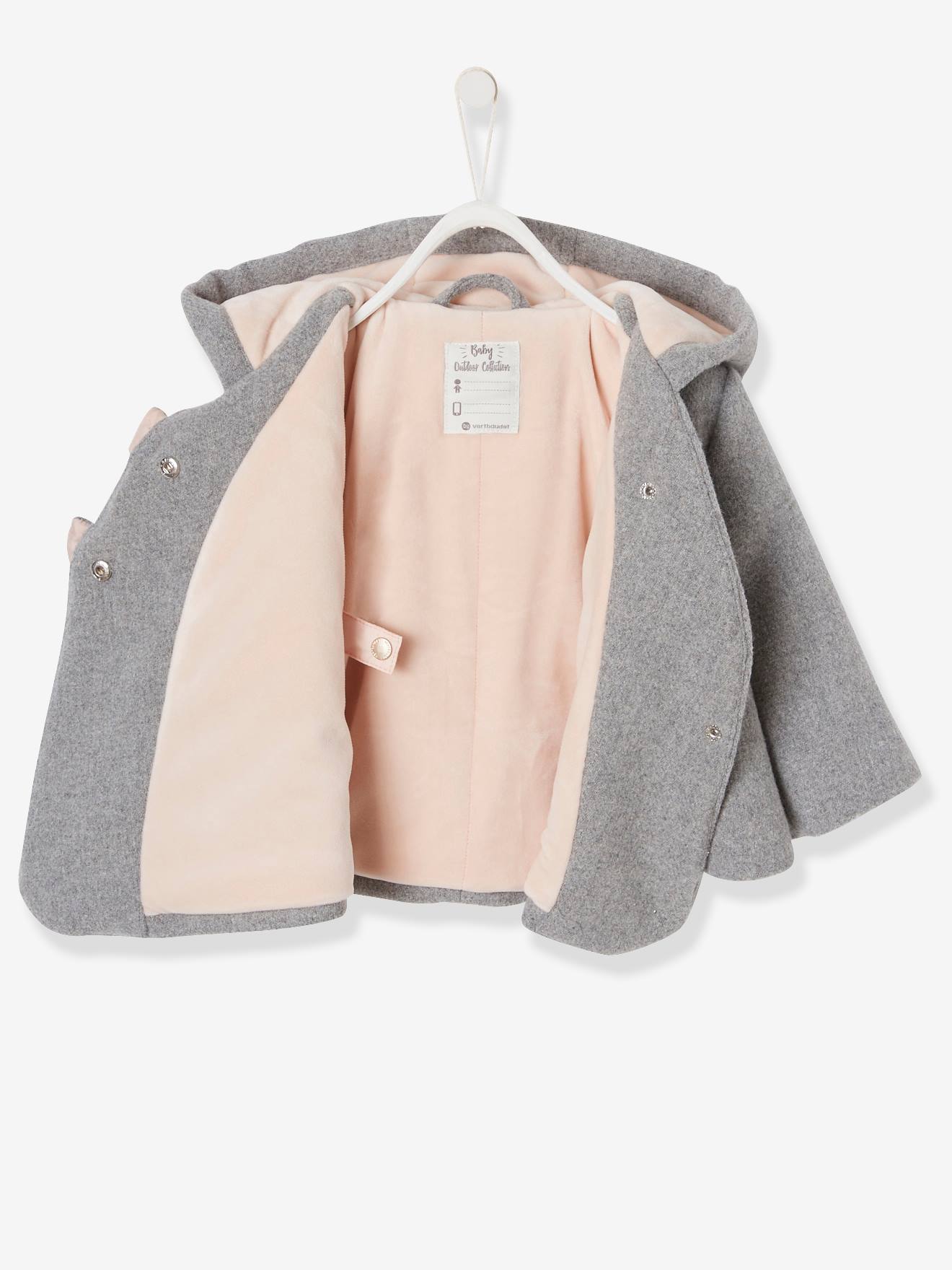 Manteau à capuche bébé fille lainage doublé et ouatiné gris clair chiné