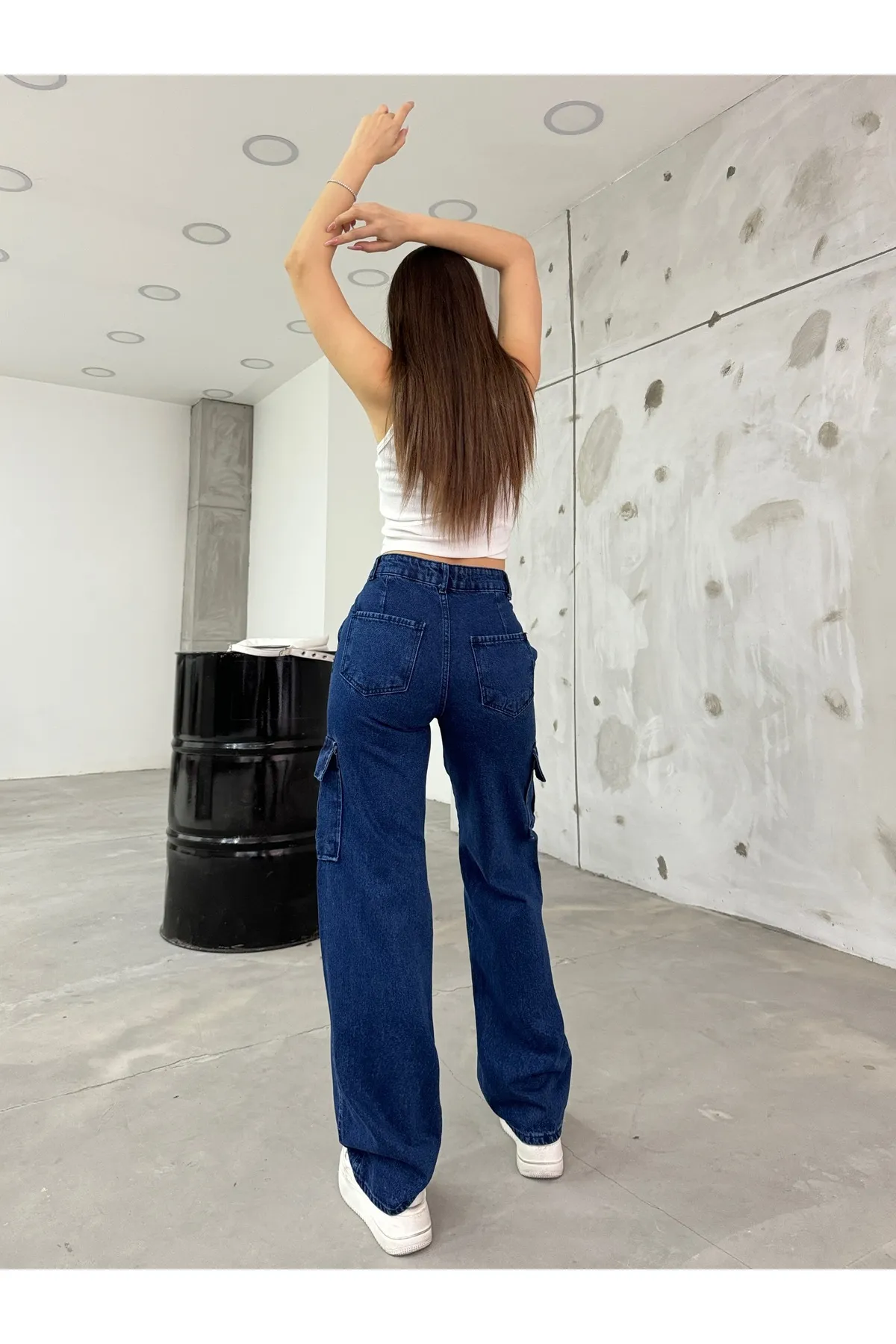 BİKELİFE  Marineblaue Cargohose mit hoher Taille und weitem Bein für Damen