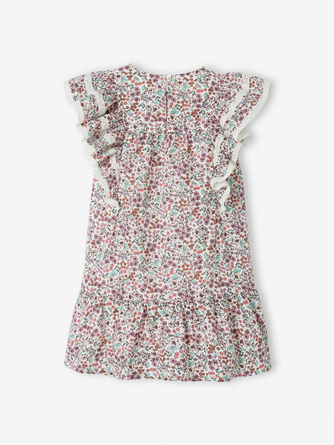 Robe motifs fleurs de cerisier fille manches volantées écru