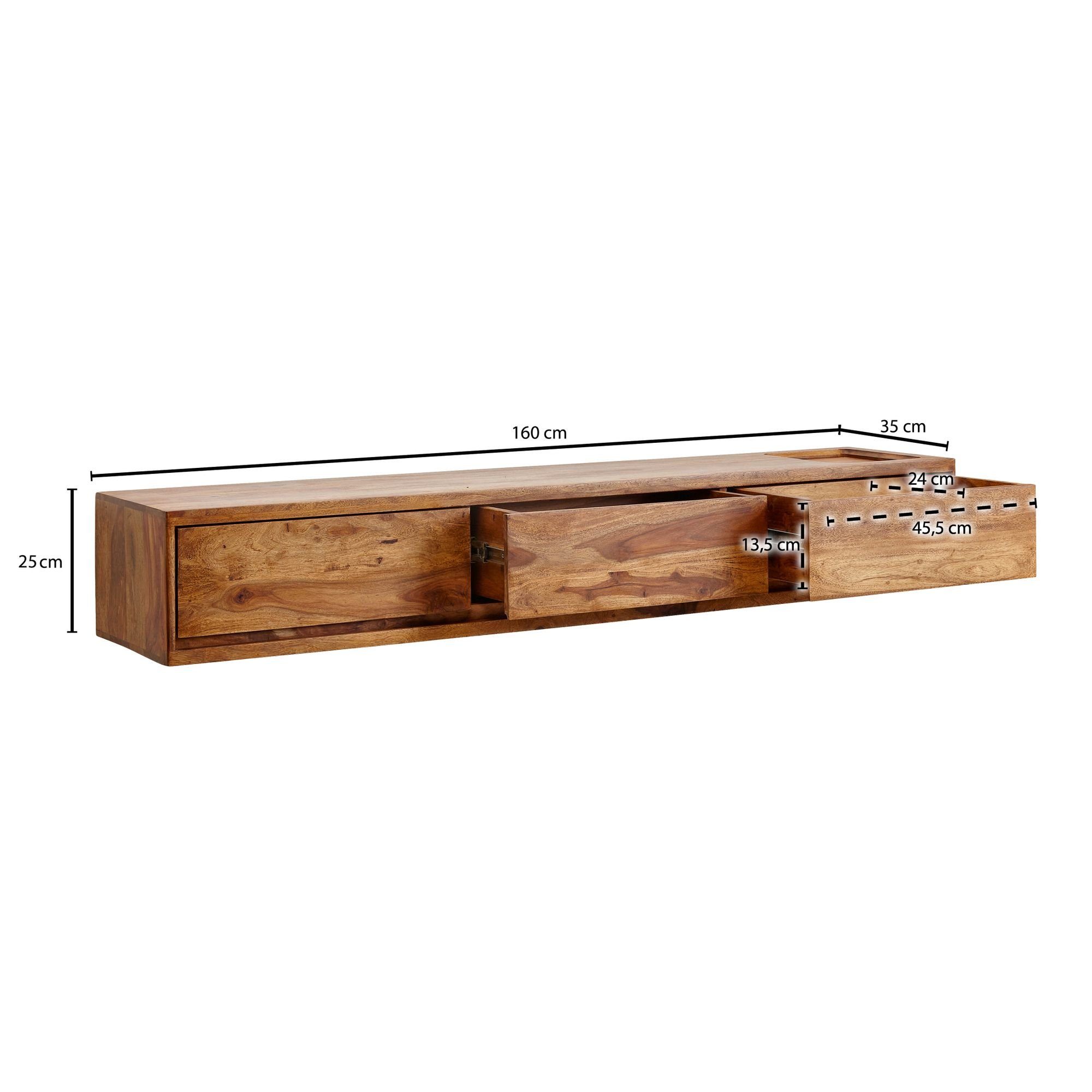 FINEBUY Lowboard FB79710 (TV-Board Hängend Sheesham Massivholz 160x25x35 cm), TV-Schrank mit Stauraum, Fernsehkommode Modern