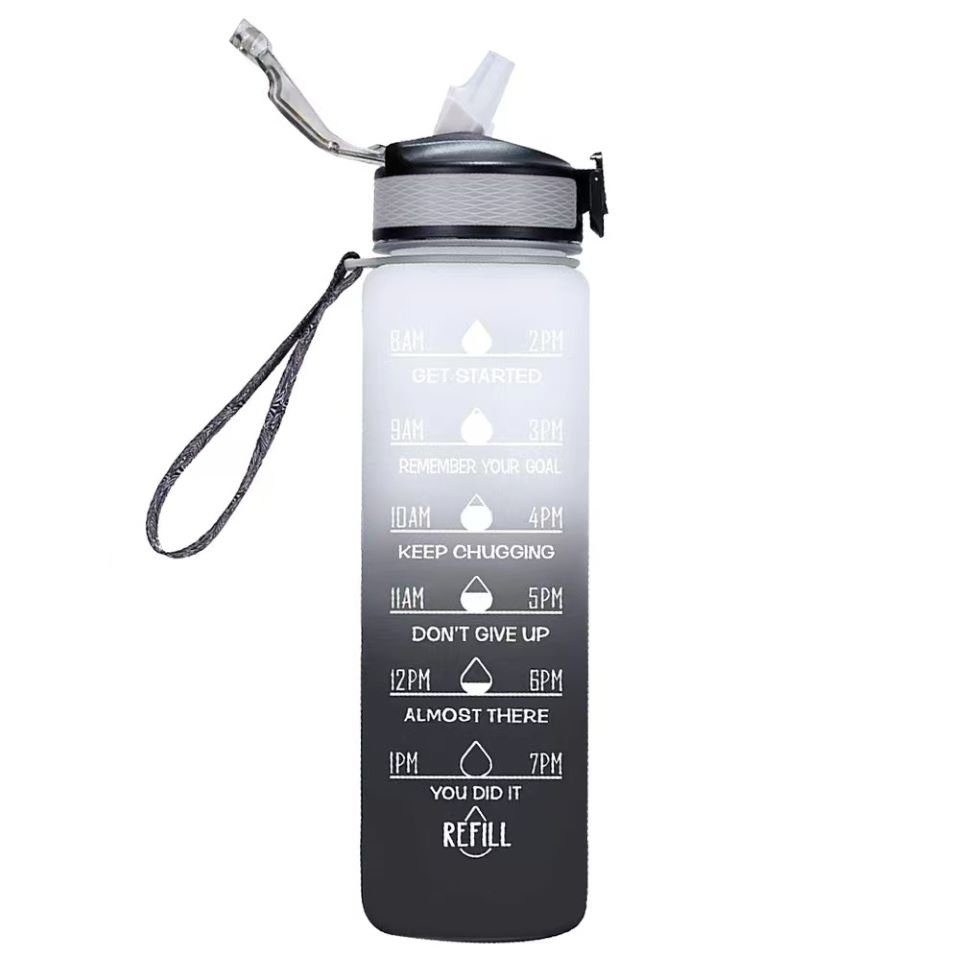 Botells Trinkflasche Sportflasche Wasser 1 l, Trink Motivation Skala, Strohhalm, Fitness, Sport, Schule, Ausflug, Büro, leicht, auslaufsicher, motivierend