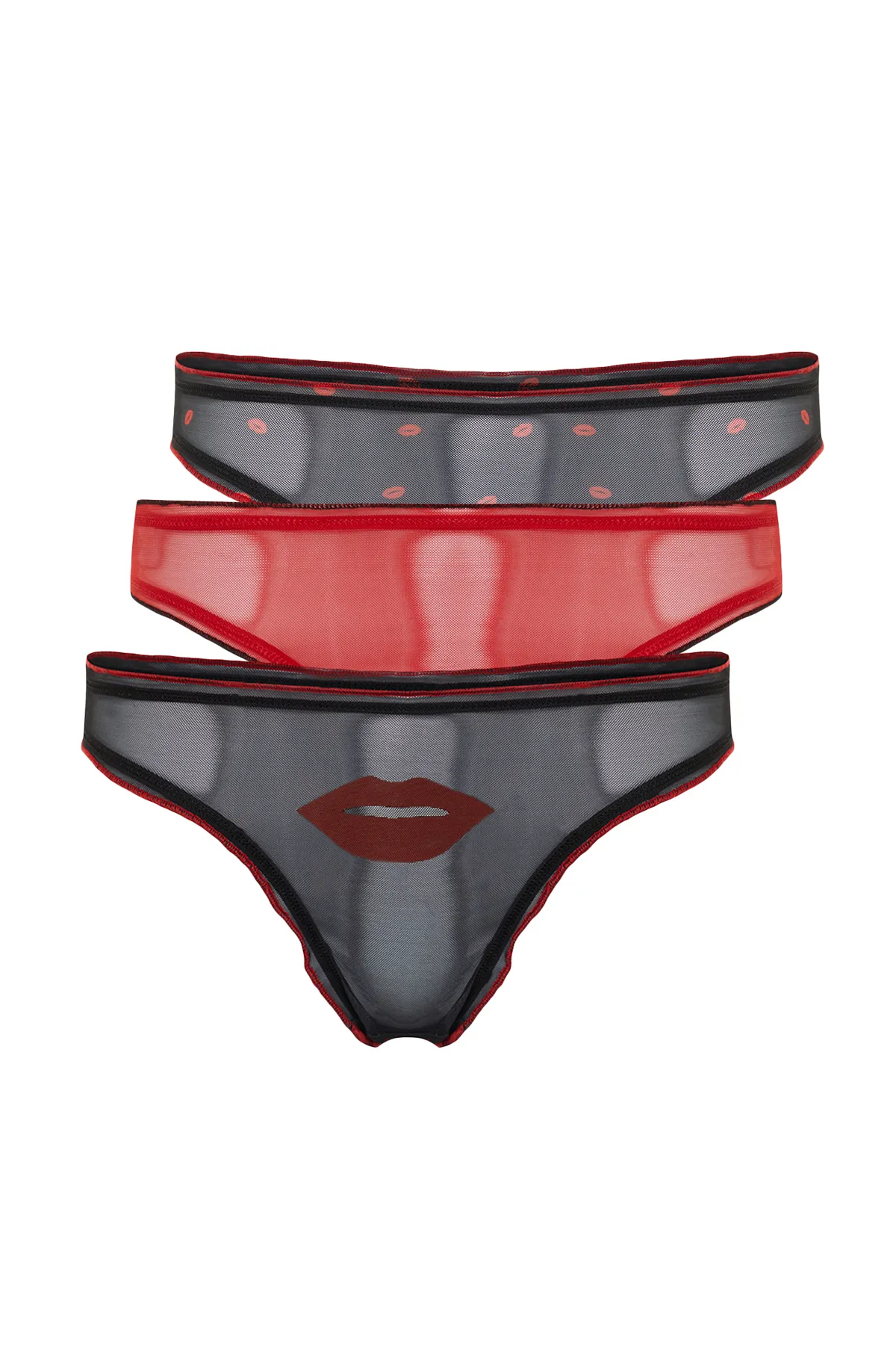 Trendyol Collection  Schwarz-Mehrfarbiges 3er-Pack gestrickter Tanga-Höschen mit Tüll-Print THMSS24KU00002