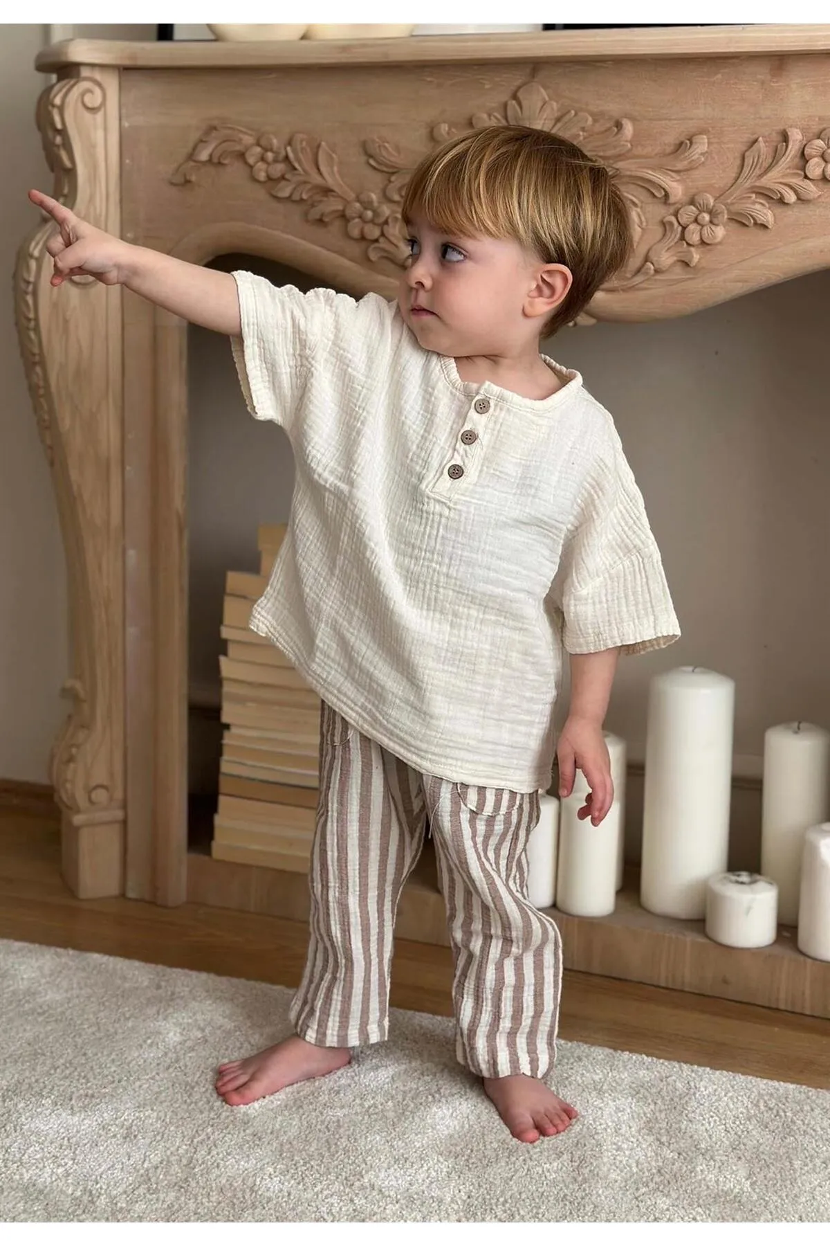 Cigit  Bohemian-Hemd, Harlem-Hose, Anzug, Alter 2–8, Creme/Braun