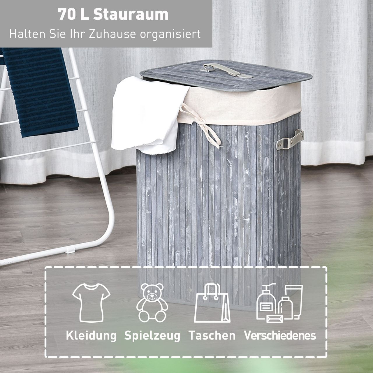 HOMCOM Wäschekorb, Wäschebox, Wäschesammler mit Deckel, Segeltuchsack, waschbarem Wäschesack, mit Griffen, Bambus , faltbar, 72L, Grau, 40 x 30 x 60 cm…