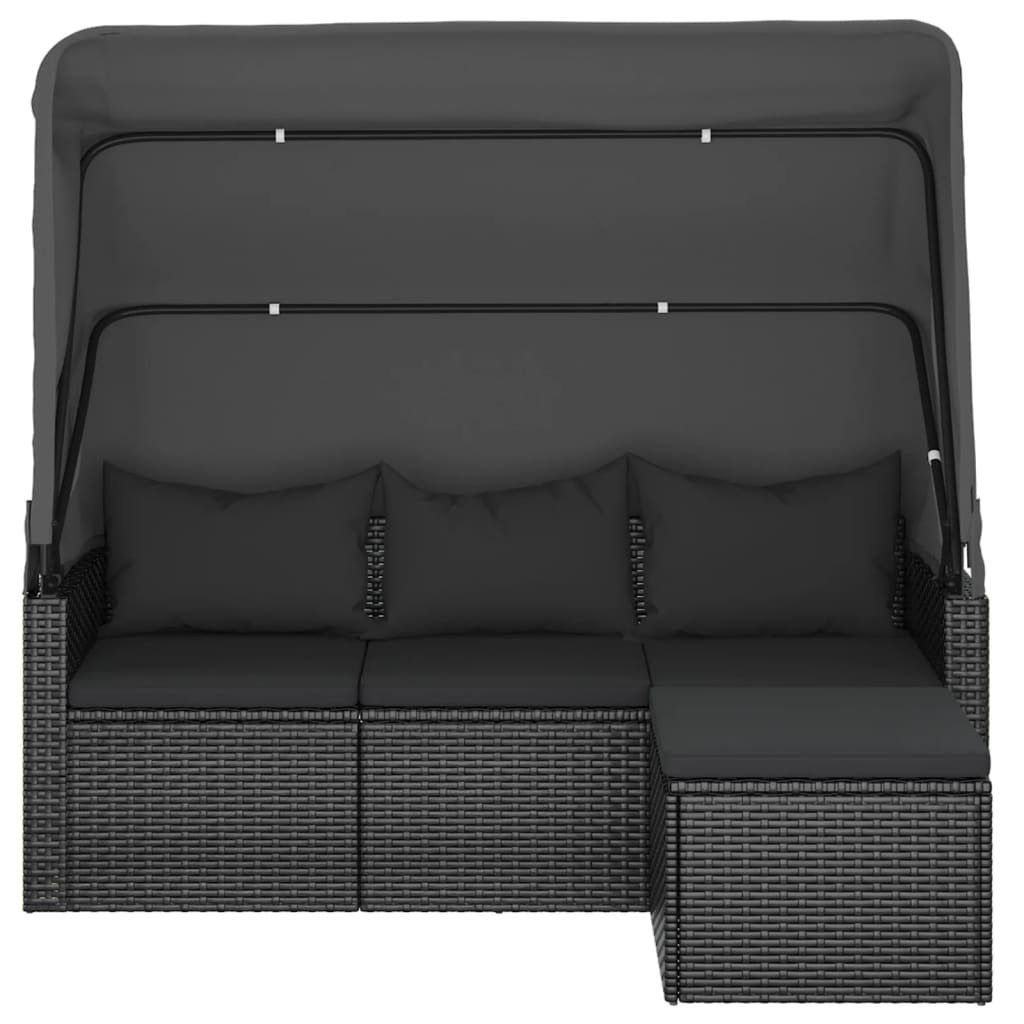 vidaXL Loungesofa 3-Sitzer-Gartensofa mit Dach und Fußhocker Schwarz Poly Rattan, 1 Teile