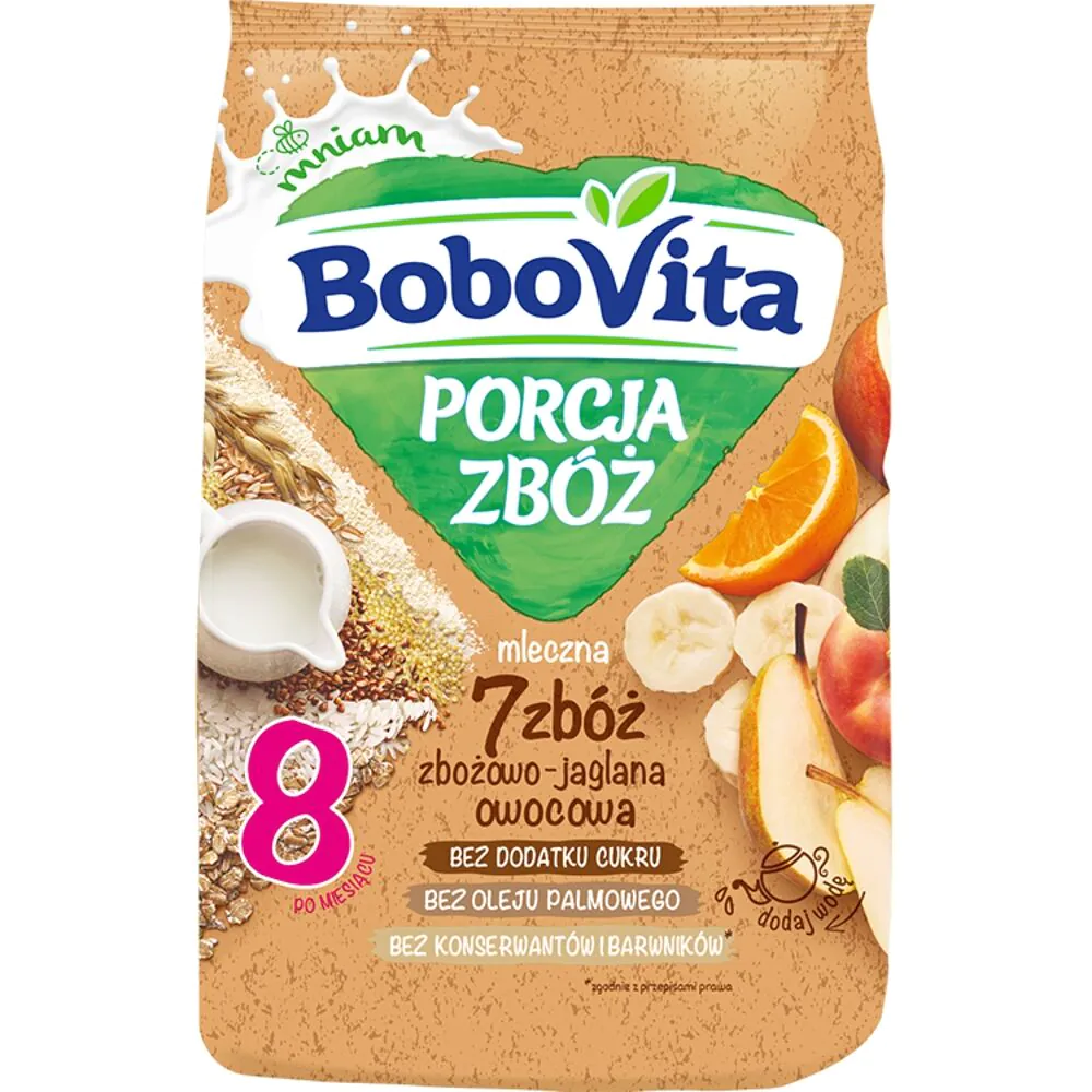 Porção de mingau Bobovita com 7 cereais, leite e frutas.