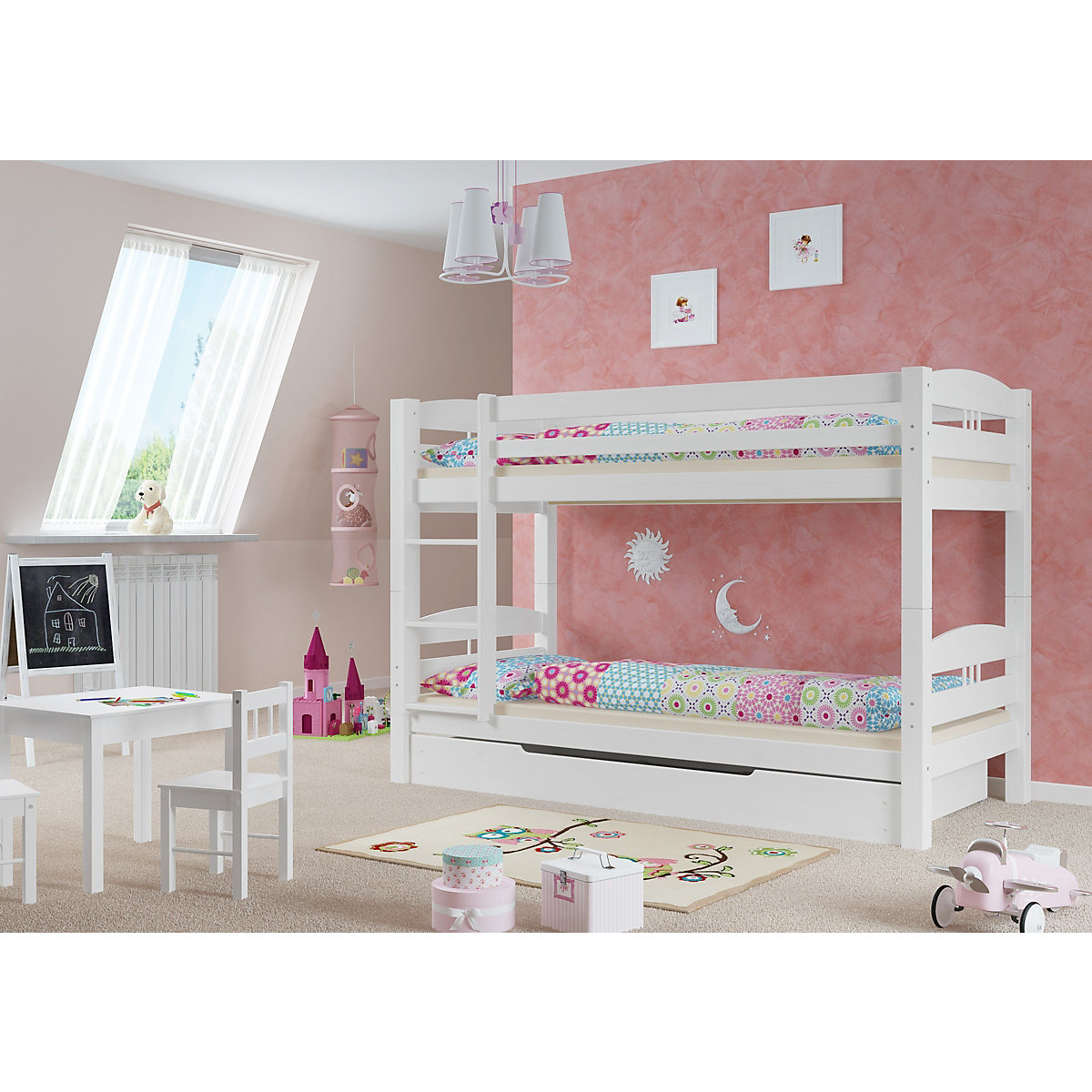 Stockbett 90x200 Kiefer weiß mit Rollrost und Bettkasten