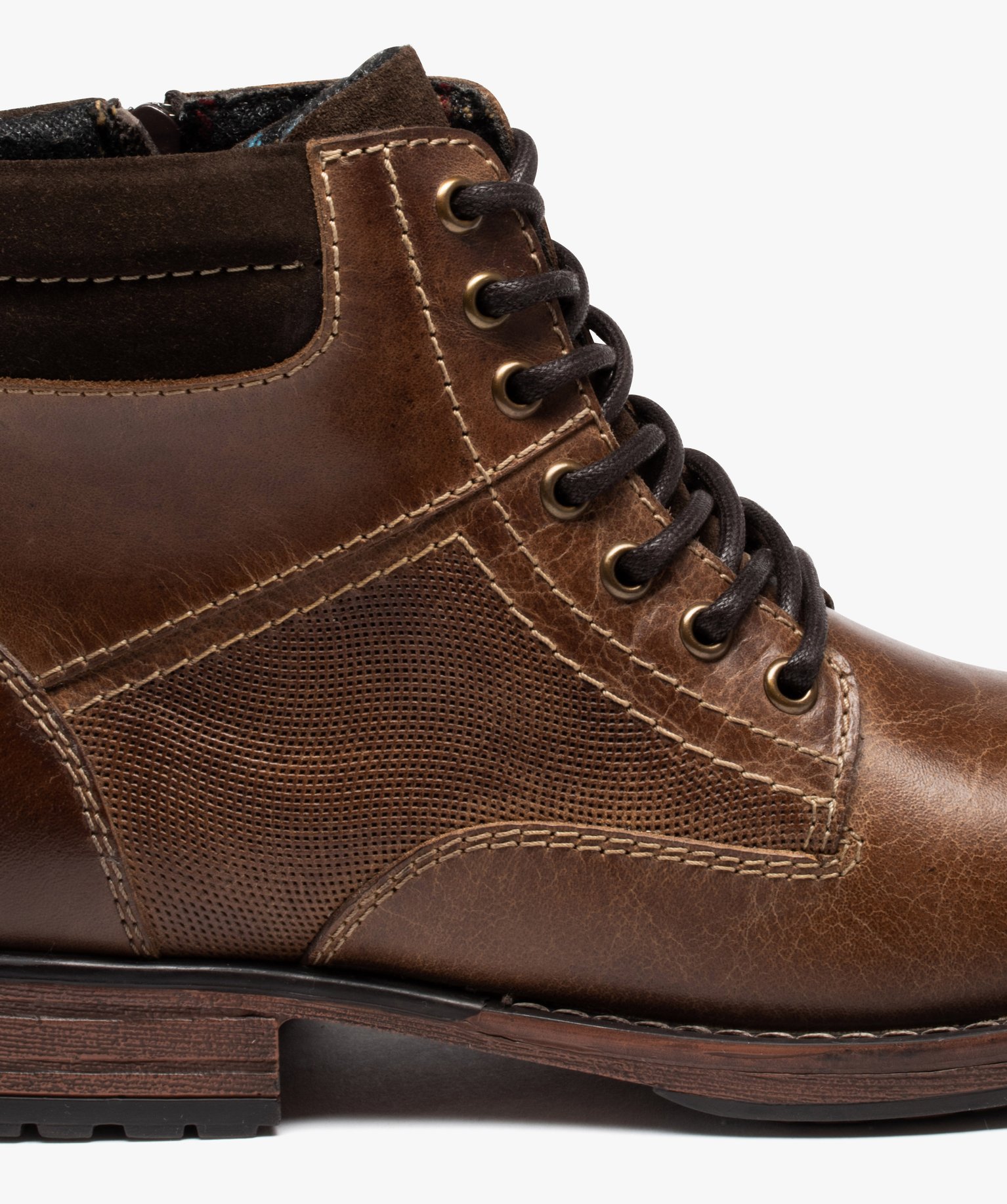 Boots homme en cuir grainé uni avec intérieur doublé marron | GEMO