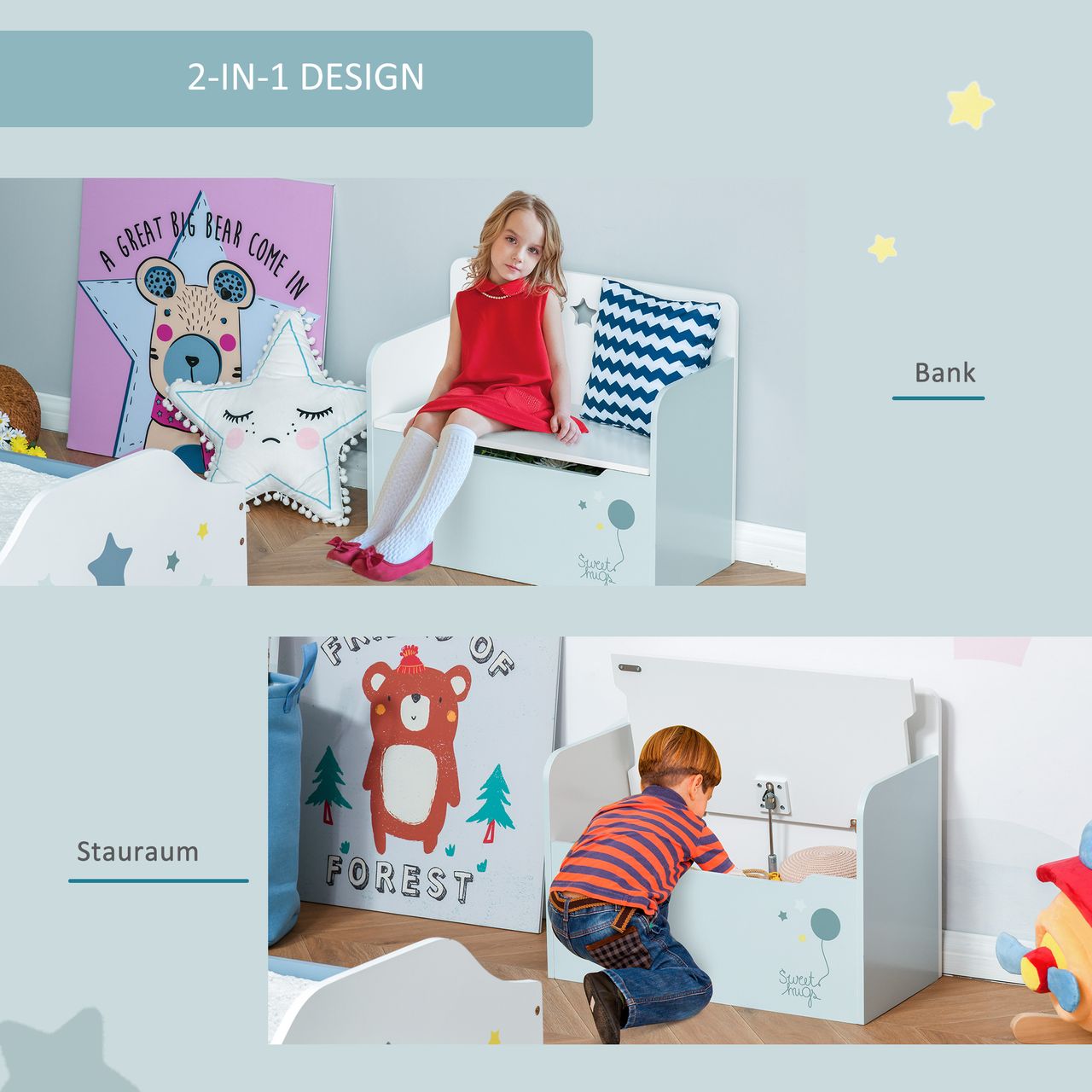 HOMCOM Kindersitzbank mit Stauraum 2-in-1 Truhenbank Spielzeugkiste Aufbewahrungstruhe 3-8 Jahre Kindermöbel Hellblau 60 x 30 x 50 cm