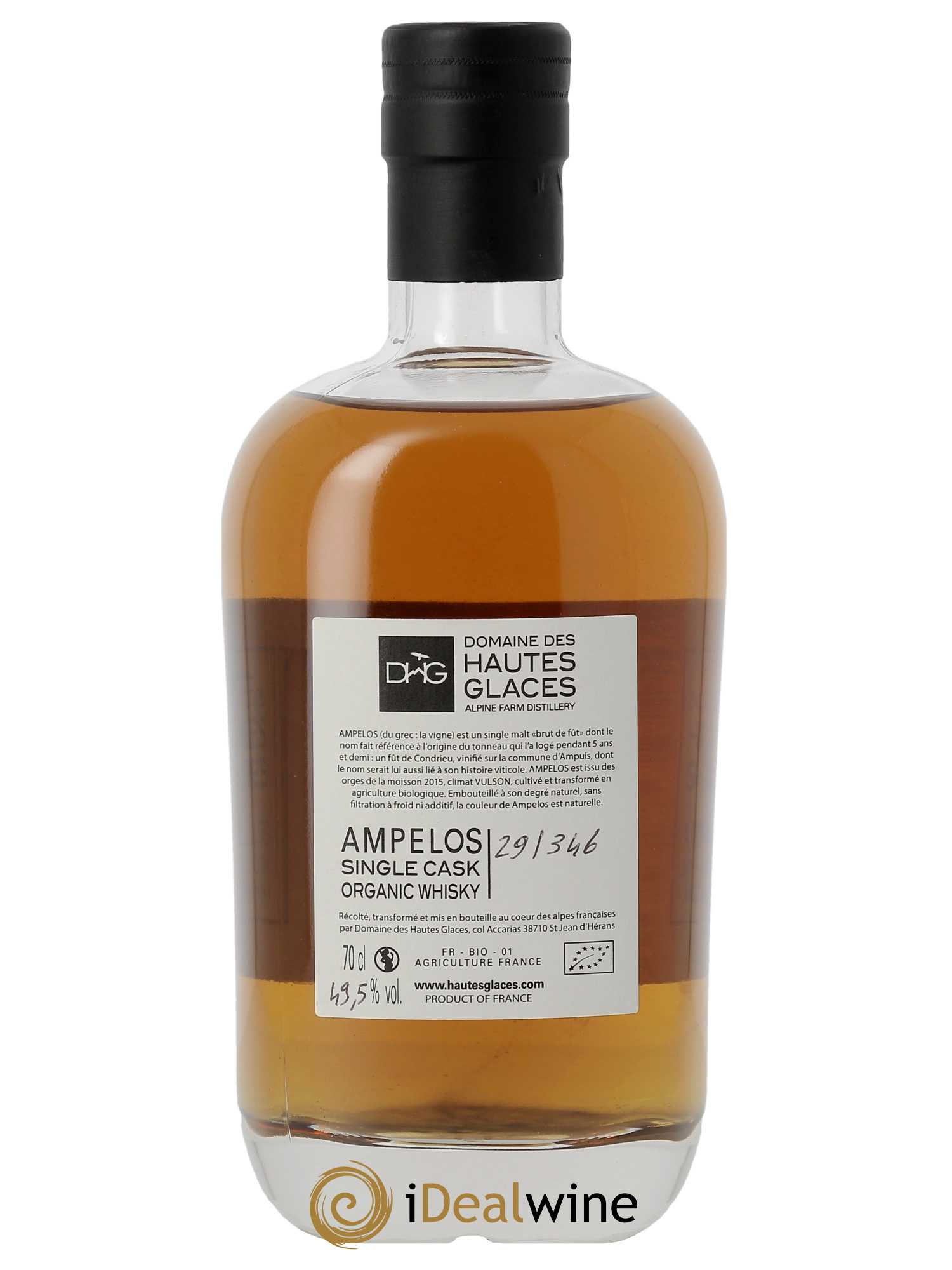 Whisky Hautes Glaces Moissons Ampelos Single Cask Organic Single Malt (70cl)  - Lot de 1 Bouteille