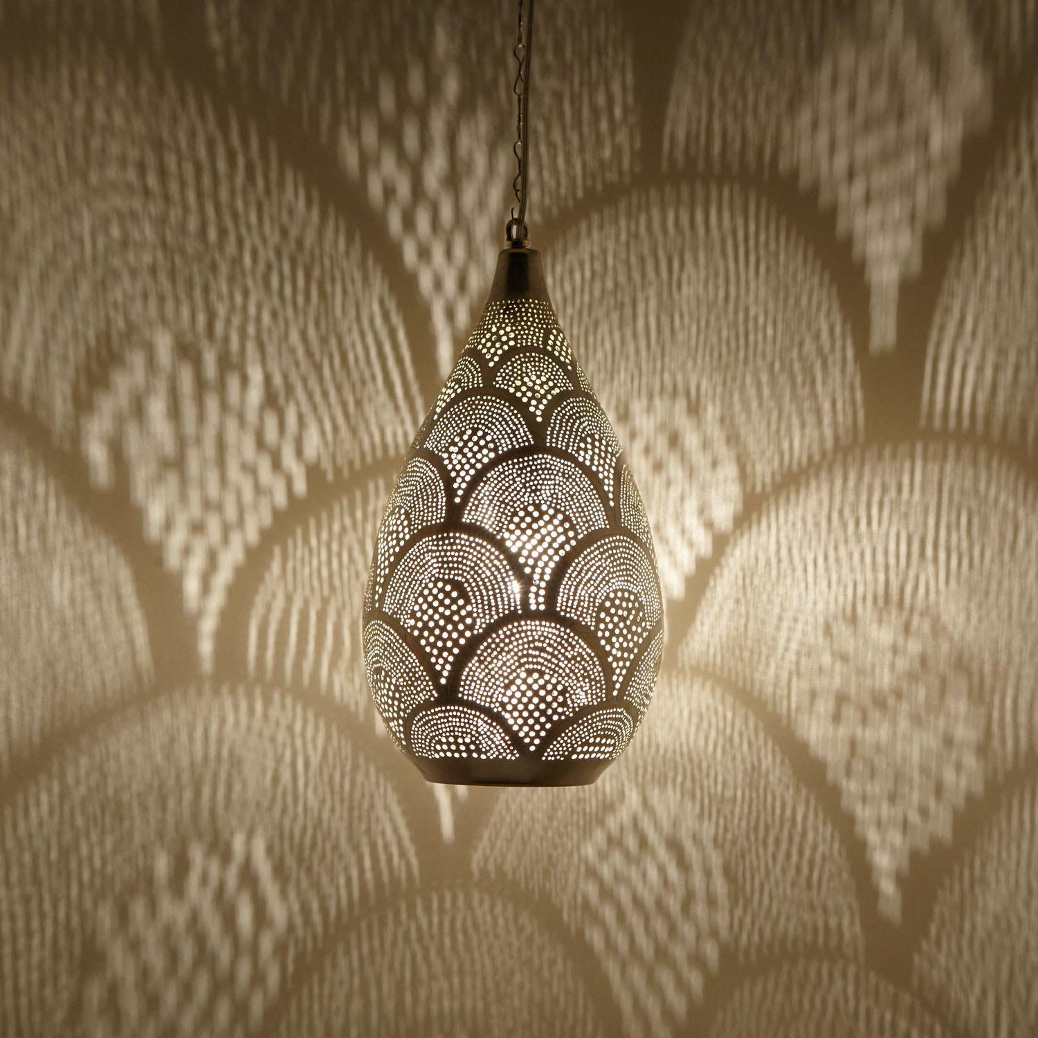 Casa Moro Deckenleuchten Marokkanische Lampe Naouma Samak D20 versilberte Messinglampe, ohne Leuchtmittel, Handgefertigte Silberlampe, EL2195