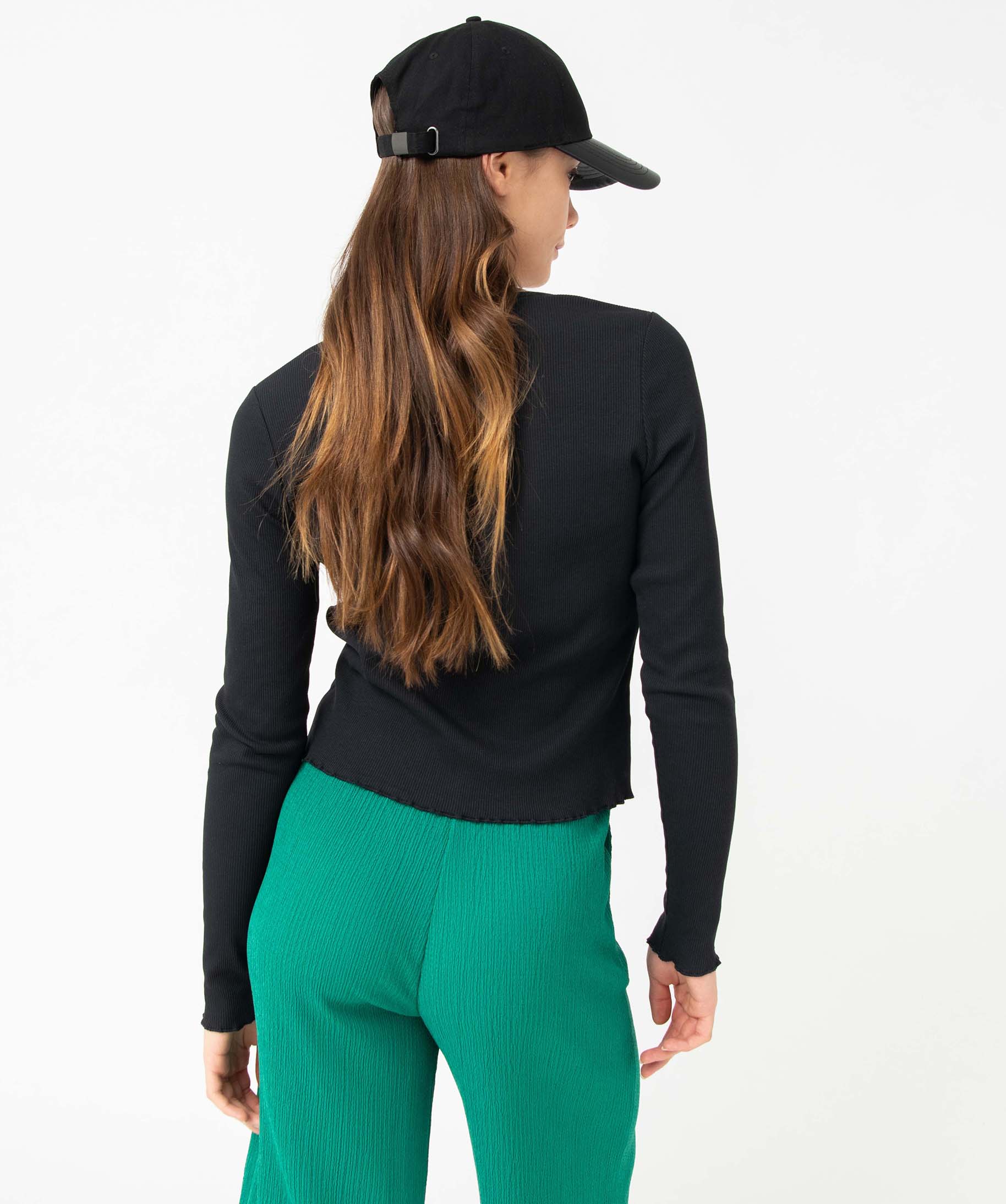 Tee-shirt femme à manches longues avec devant ajustable noir | GEMO