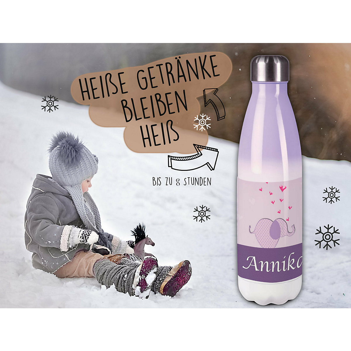 Edelstahl Kinder Thermoflasche / Trinkflasche bunt Elefant Farbe lila Spülmaschinenfest, Auslaufsicher, Bruchfest, Doppelwandig, Für Heißgetränke geeignet, Mit Deckel, Isoliert