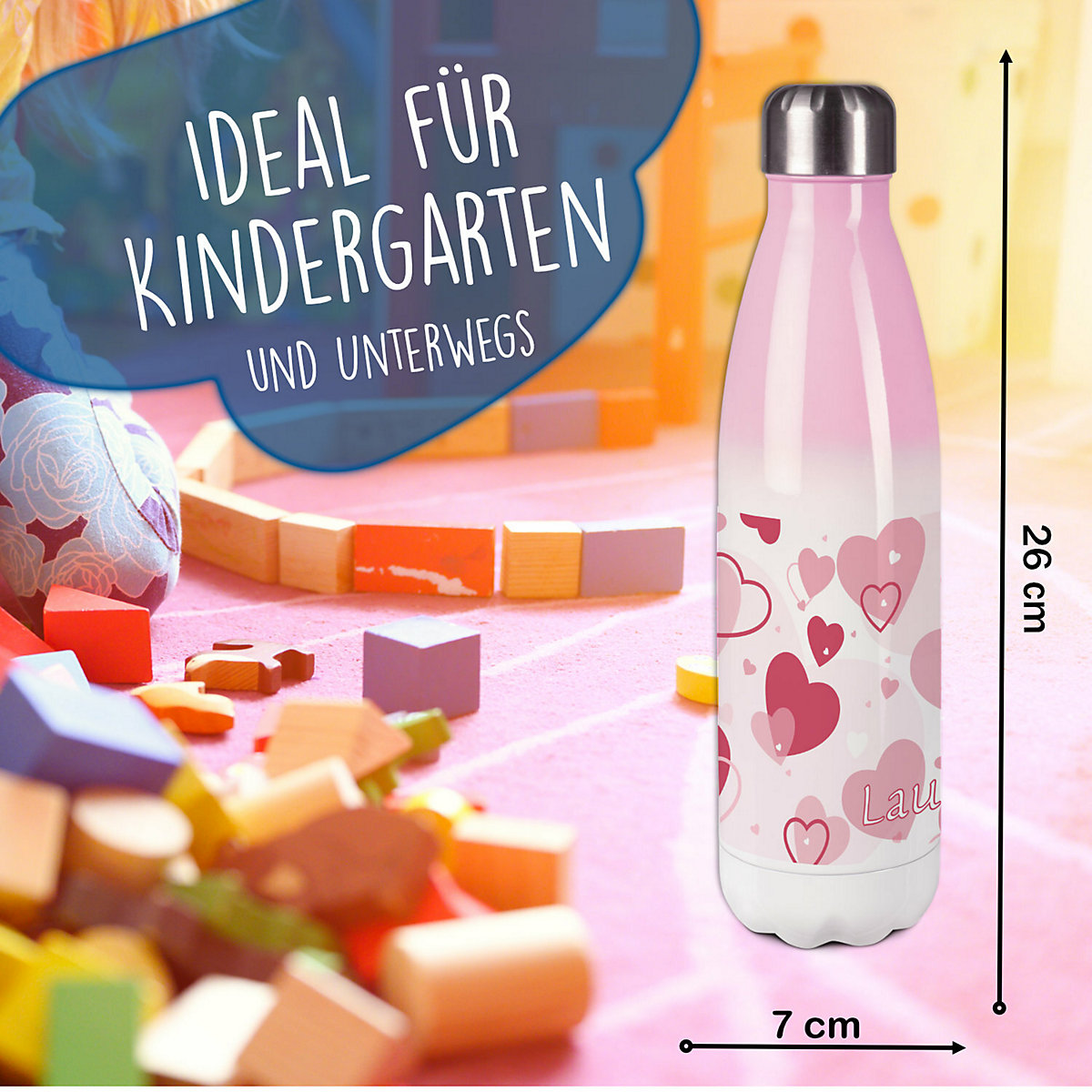 Edelstahl Kinder Thermoflasche / Trinkflasche bunt Herz Farbe rosa Spülmaschinenfest, Auslaufsicher, Bruchfest, Doppelwandig, Für Heißgetränke geeignet, Mit Deckel, Isoliert
