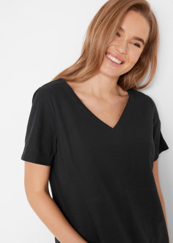 Knielanges Kleid mit Leinen und V-Ausschnitt, Halbarm