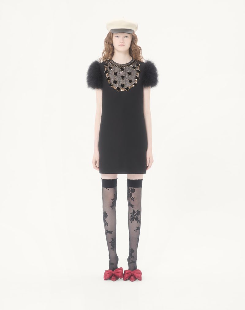 Vestido curto de crepe bordado de alta costura