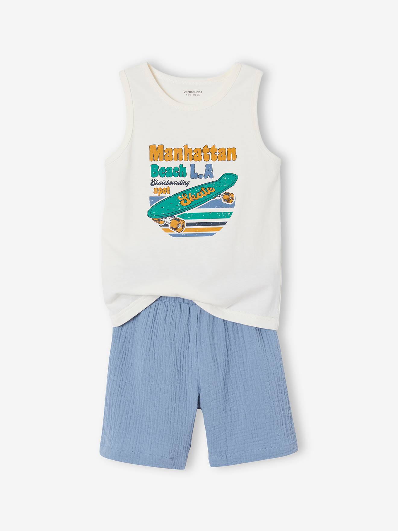Pyjashort skate garçon en gaze pur coton bleu ciel