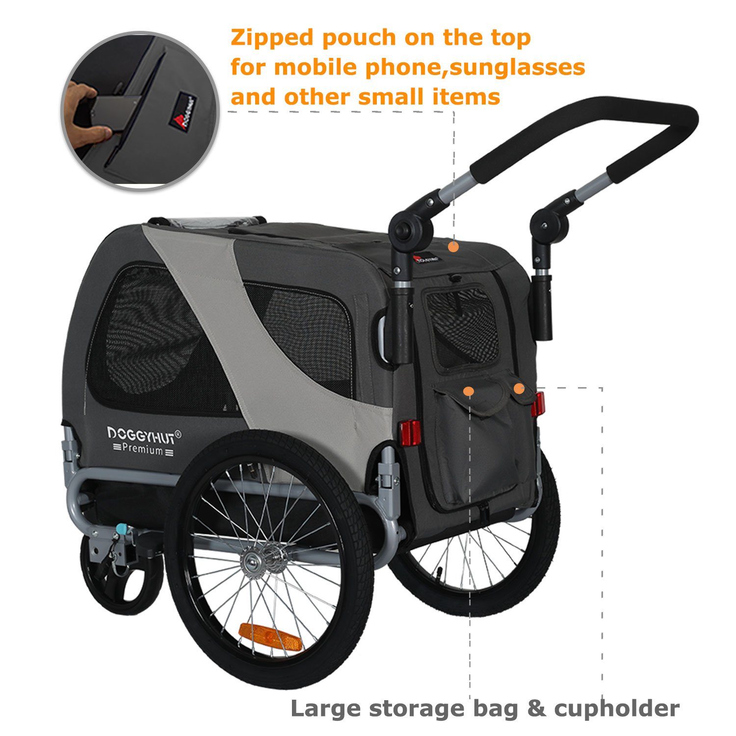 TIGGO Fahrradhundeanhänger DOGGYHUT® Premium MEDIUM Hundefahrradanhänger, Verstellbare Sicherheitsleine