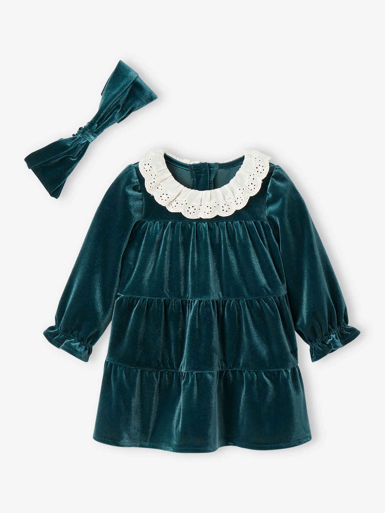 Vertbaudet Mädchen Baby Weihnachts-Geschenkset: Samtkleid & Haarband - smaragdgrün
