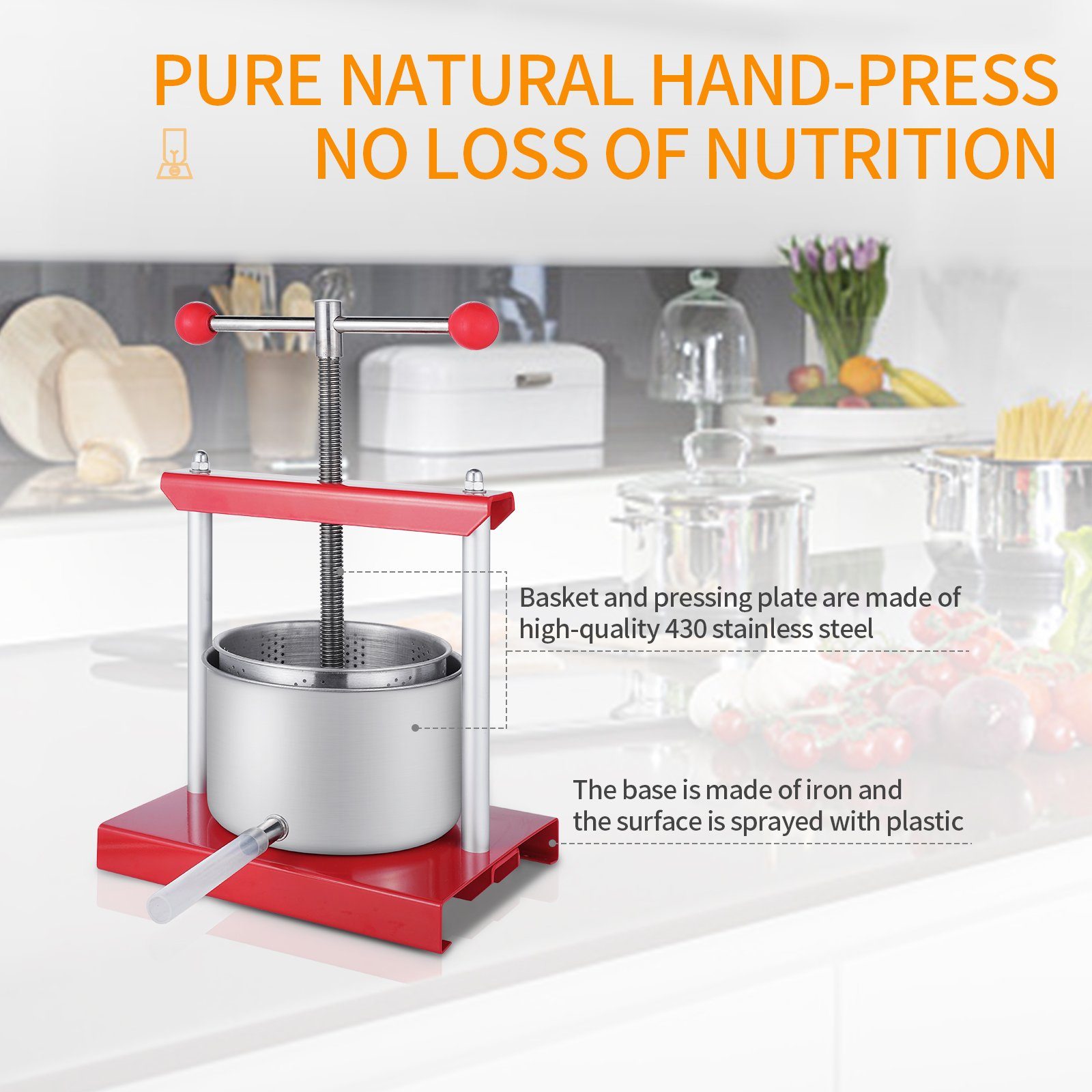 AUFUN Obstpresse Edelstahl Obstpresse Fruchtpresse Weinpresse Traubenpresse 3L/5L, Manuell Saftpresse Entsafter Obstmühle Obst Wein Presse