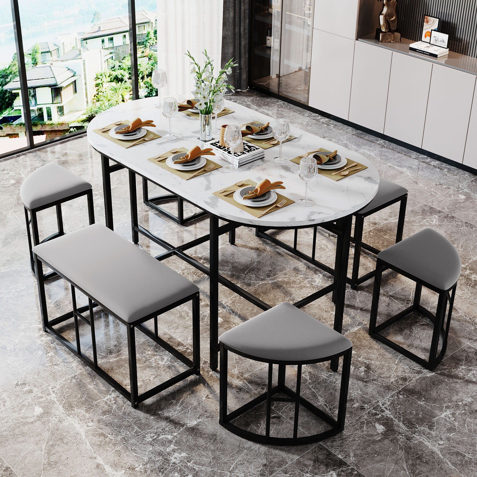 HAUSS SPLOE Essgruppe Essgruppe mit Esstisch und Stühle Küchen Esstisch Set, (6-tlg., 140*70*76cm, belastbar 120 kg), Küchen Esstisch Set ausStahlrahmen Moderner weißer und Schwarz