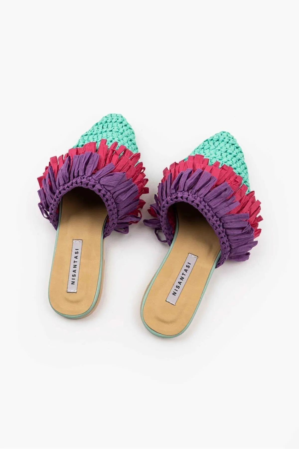 NİŞANTAŞI SHOES  Viana Green gestrickte lila fuchsiafarbene Damen-Hausschuhe mit Quasten