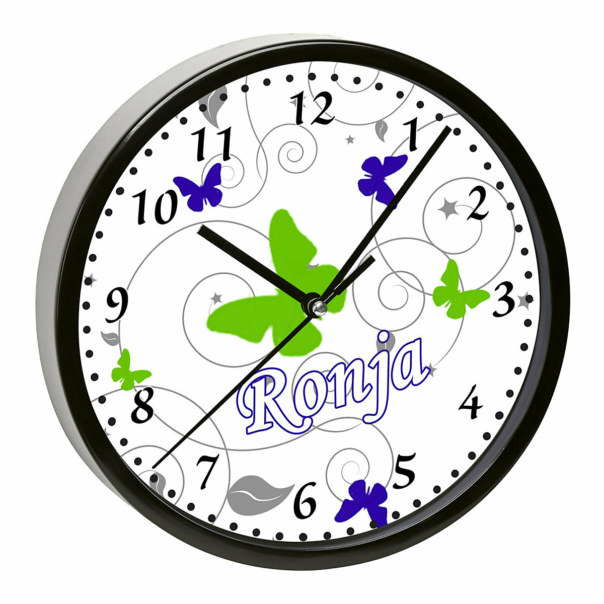 Kinder Wanduhr personalisiert mit Name Schmetterling Blau Grün