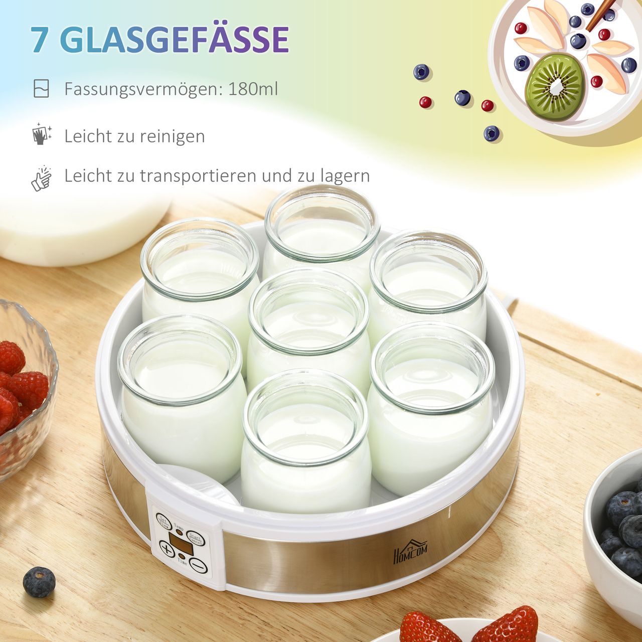 HOMCOM Joghurtbereiter Joghurtmaschine mit 48 Stunden Timer, 7 Gläser à 180 ml