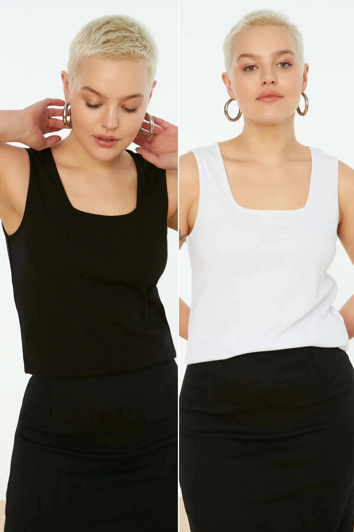 Trendyol Curve  Schwarz-weißes, schnurgebundenes Basic-Tanktop mit quadratischem Kragen im 2er-Pack TBBSS22AL0024