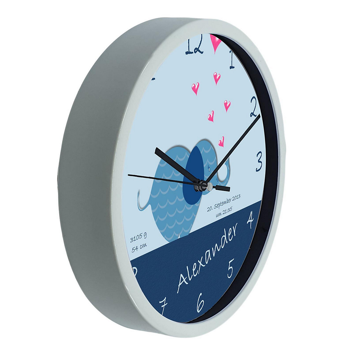 Kinder Wanduhr personalisiert mit Name Elefant blau