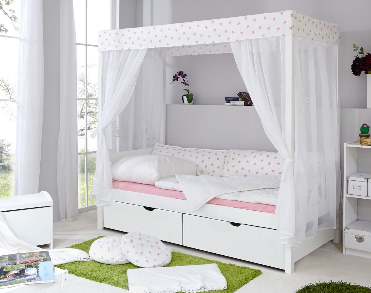 Ticaa Himmelbett weiß-Rosa Var. 4 - mit 2er Schubkästen