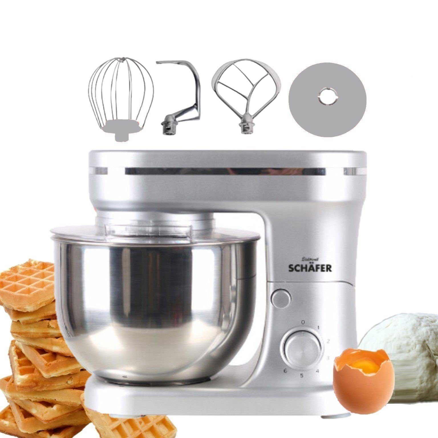 KESSMANN Schäfer Küchenmaschine 6 Stufen Edelstahl Schüssel Knetmaschine Rührgeräte & Mixer Küche, 1200 W, 5,00 l Schüssel, Inkl. 6 Zubehör Maschine für Teig Rührmaschine Knethaken Rührhaken