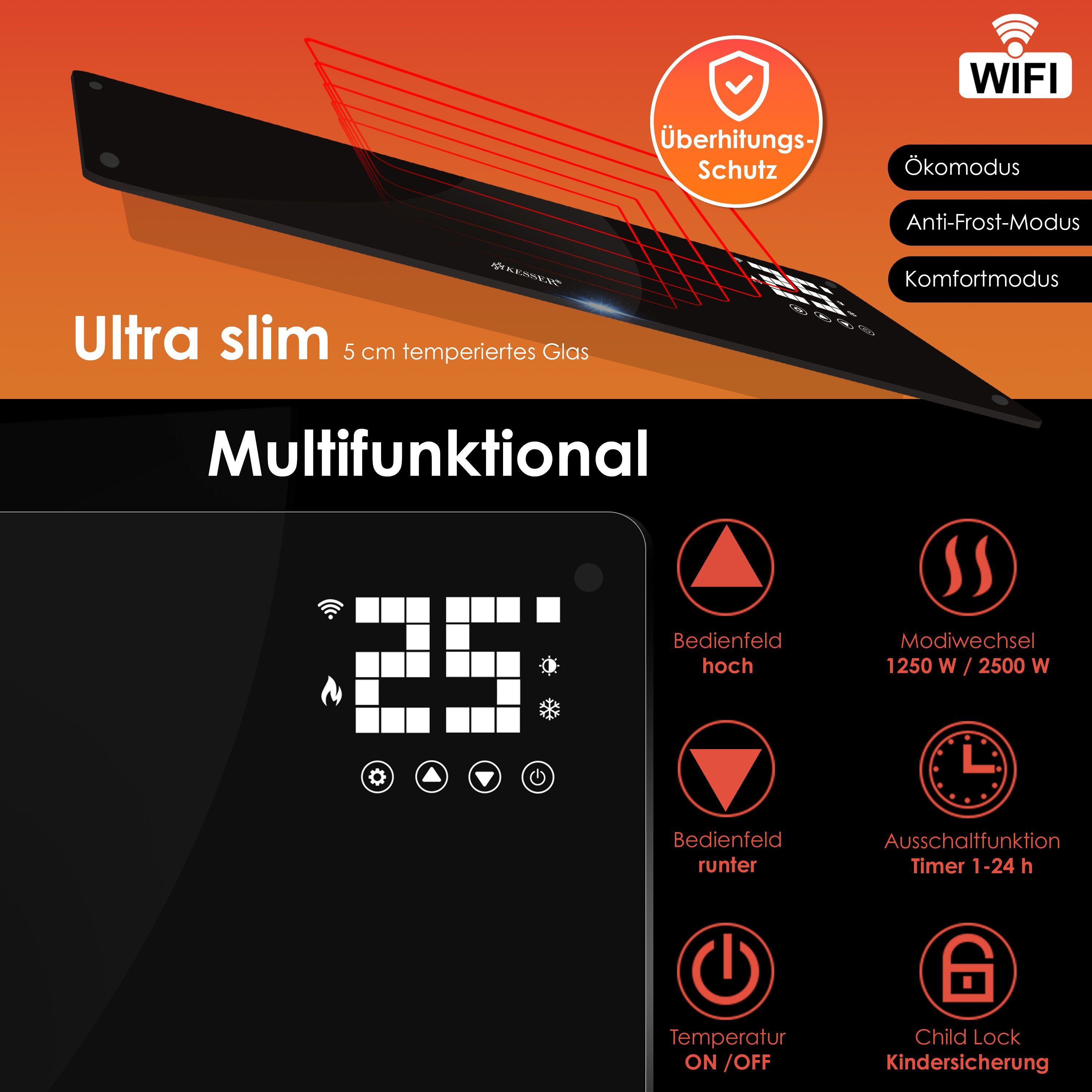 KESSER Heizgerät, 2500 W, Glaskonvektor Glas Heizung Elektroheizkörper APP WiFi + Fernbedienung
