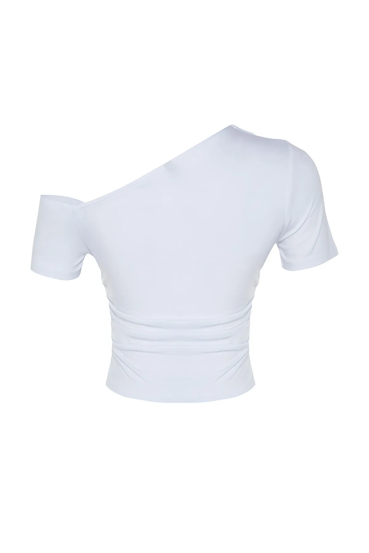 Trendyol Collection  Weiße, geraffte, dehnbare Strickbluse mit asymmetrischem Kragen TWOSS24BZ00073