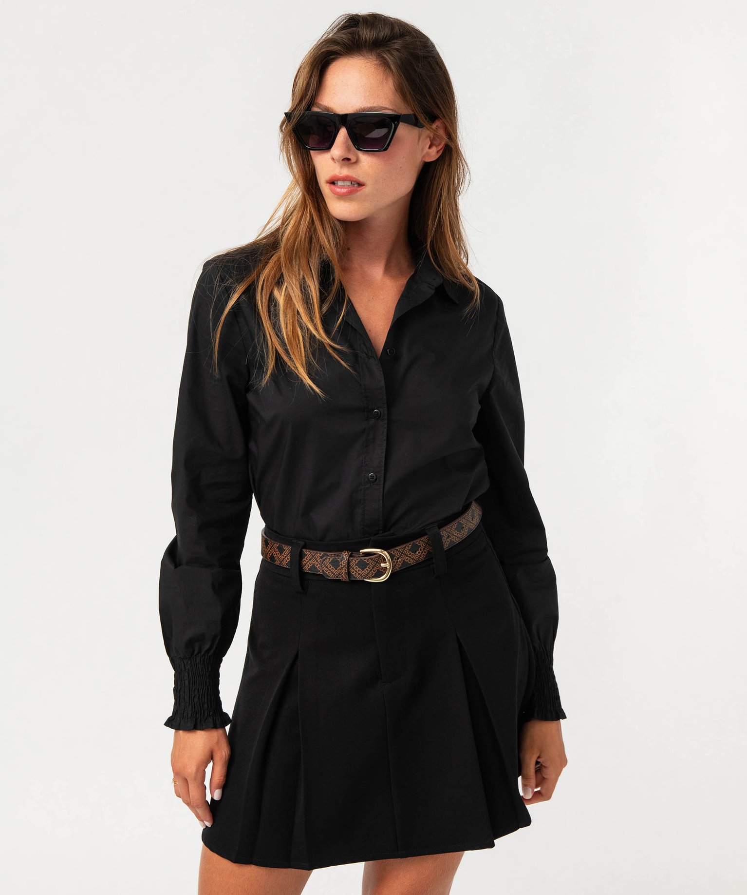 Chemise à manches longues avec poignets smockés femme noir | GEMO