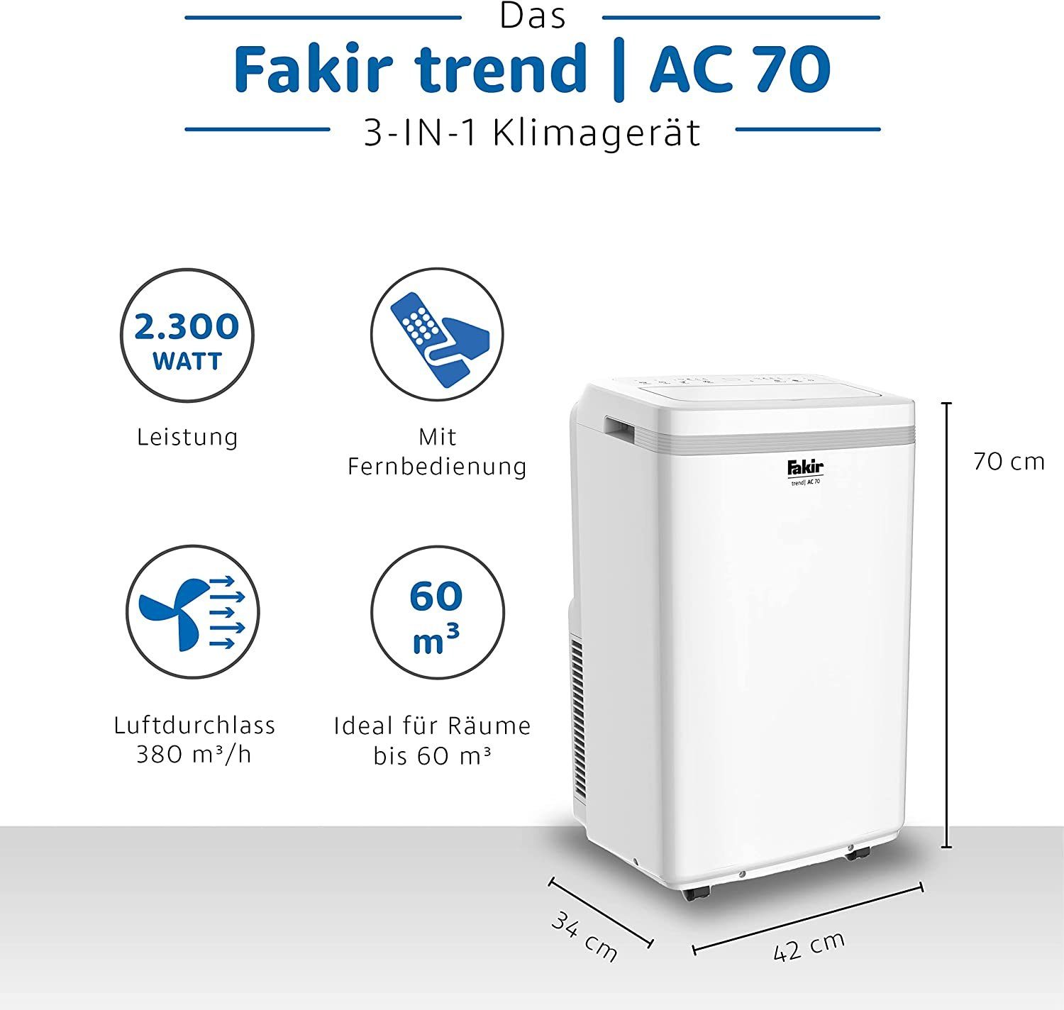 FAKIR Klimagerät Trend AC 70, Timer Fernbedienung Abluftschlauch EEK: A