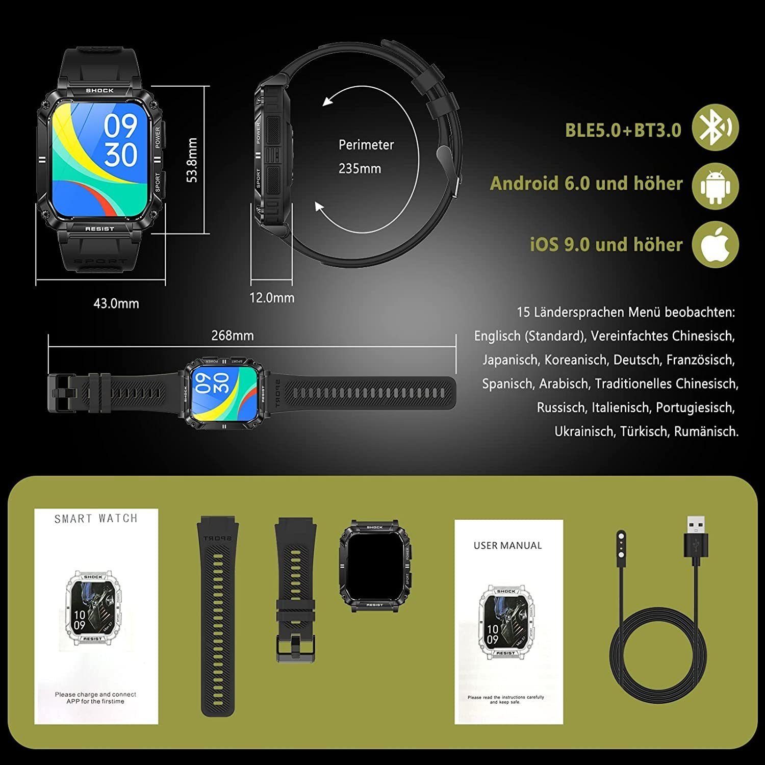 Mutoy Smartwatch, Fitness Tracker Uhr, Damen Herren Smartwatch (Fitnessuhr mit Telefonfunktion 1,95