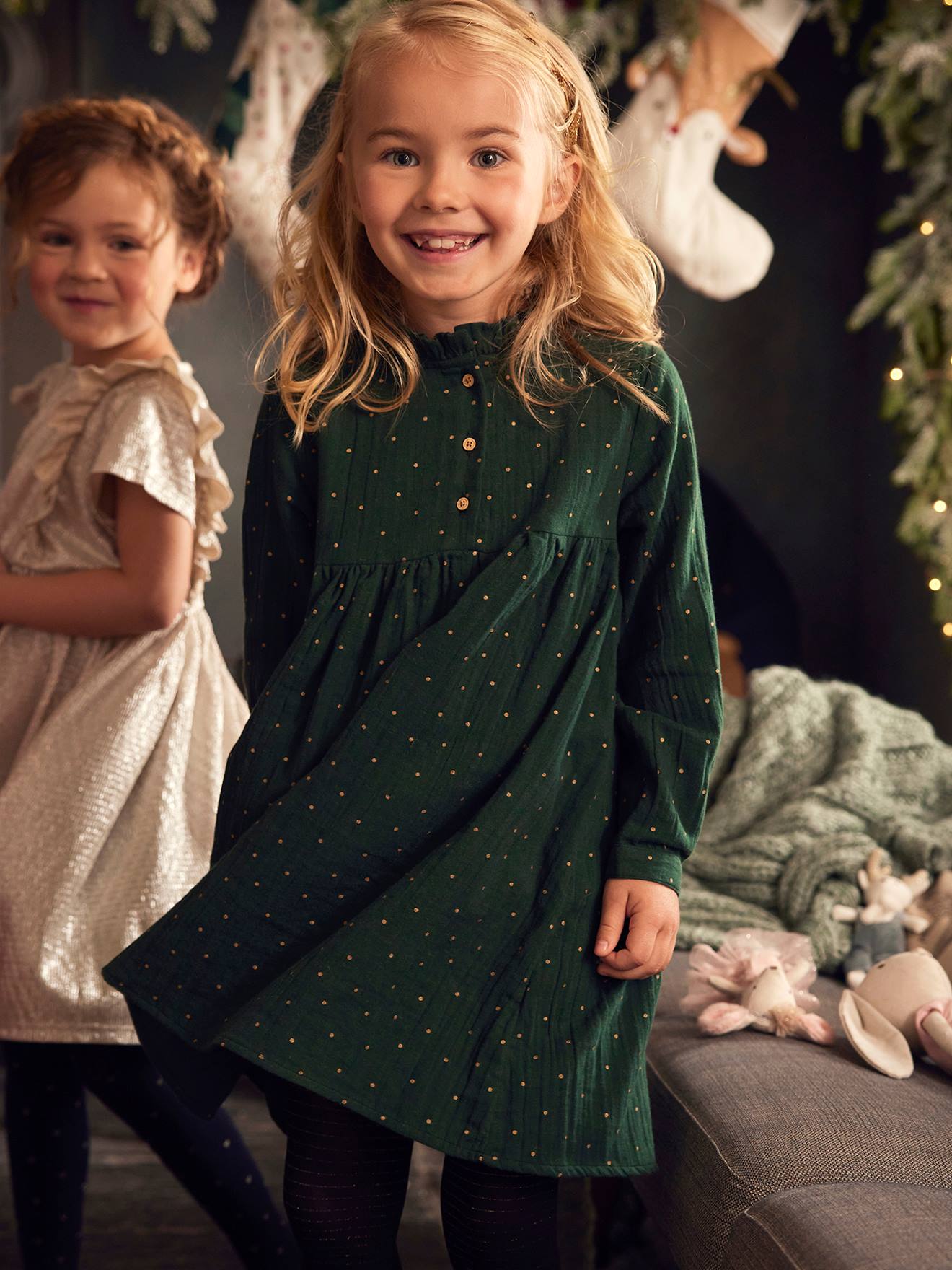 Vertbaudet Mädchen Kleid mit Glanztupfen, Musselin - grün bedruckt