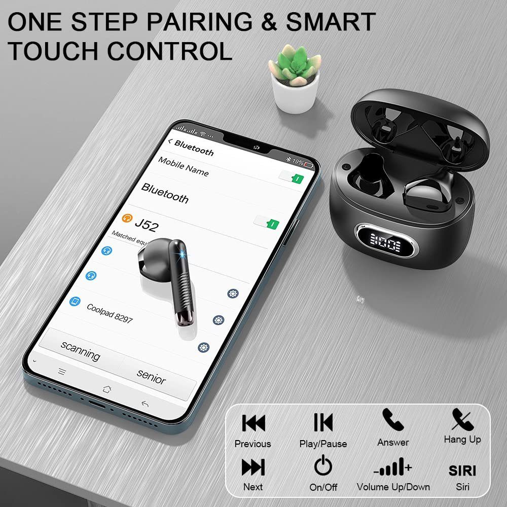 Tisoutec Kopfhörer Bluetooth In-Ear-Kopfhörer (Sprachsteuerung, True Wireless) In-Ear-Kopfhörer (Siri Voice-Assistent, LED Ladestandsanzeige, integrierte Steuerung für Anrufe und Musik, Bluetooth), IPX5 wasserdichte Ohrhörer, Kabellos Kopfhörer for S