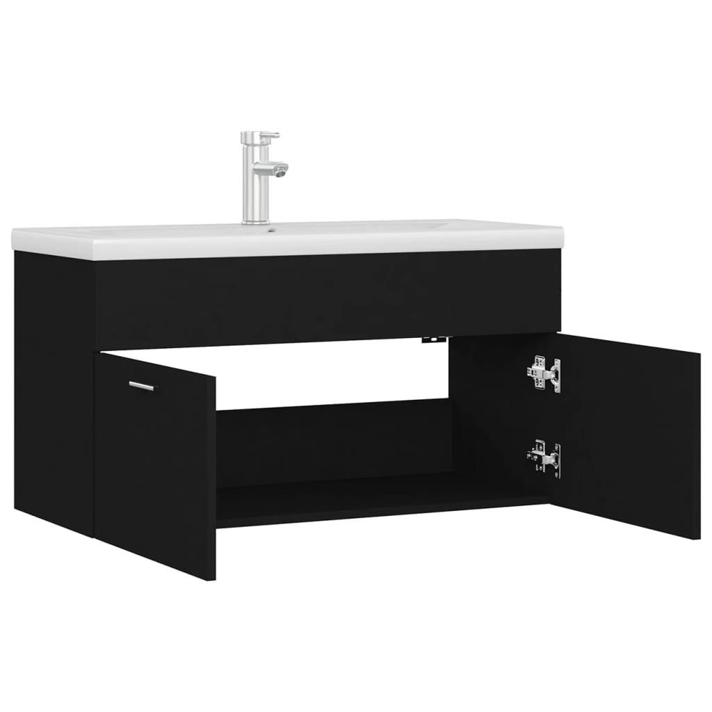 vidaXL Badezimmerspiegelschrank Waschbeckenunterschrank mit Einbaubecken Schwarz Holzwerkstoff (1-St)