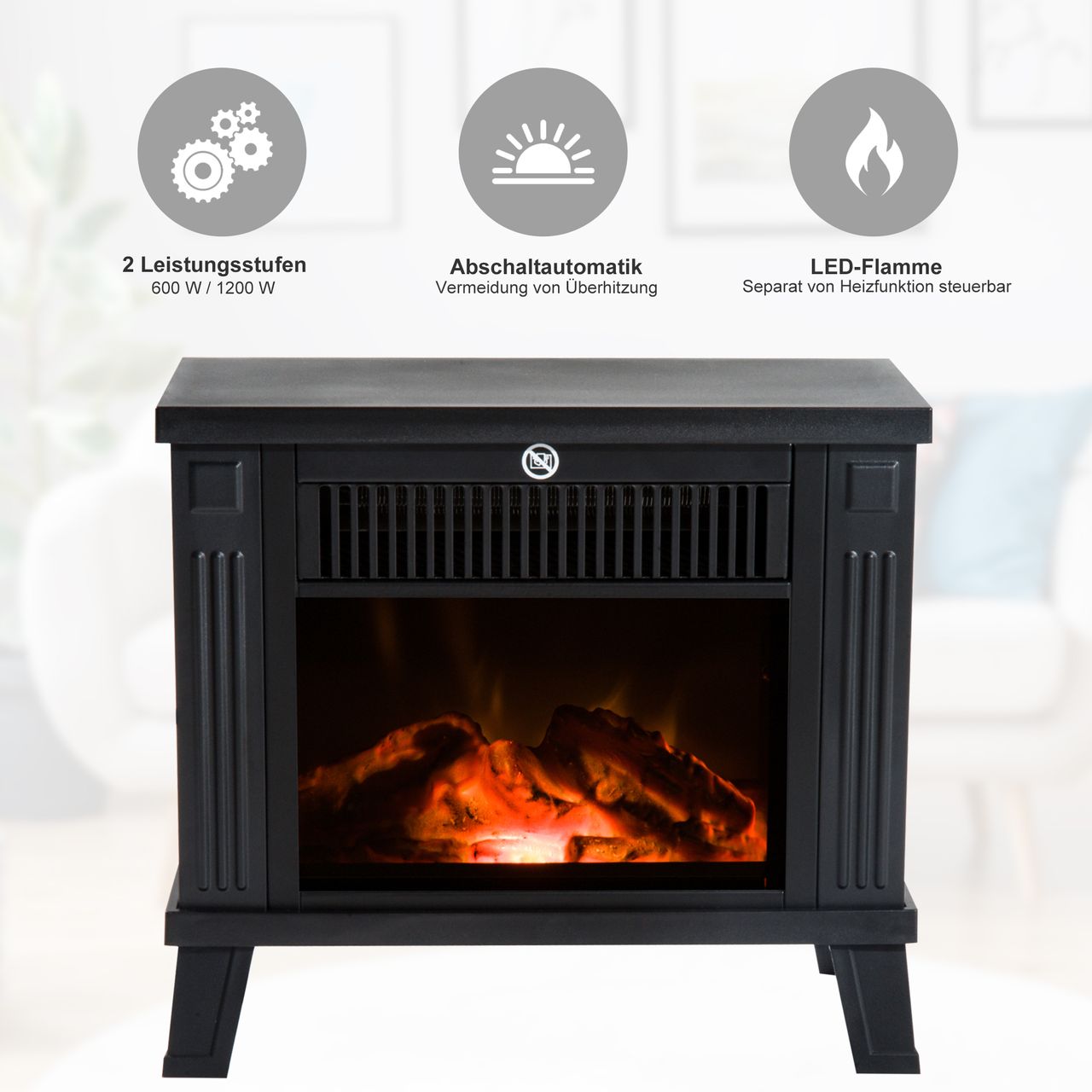 HOMCOM Elektrokamin Elektrischer Kamin Kaminofen Standkamin mit Flammeneffekt 600/1200W, Metall, Schwarz, 38,5x22x30,5 cm