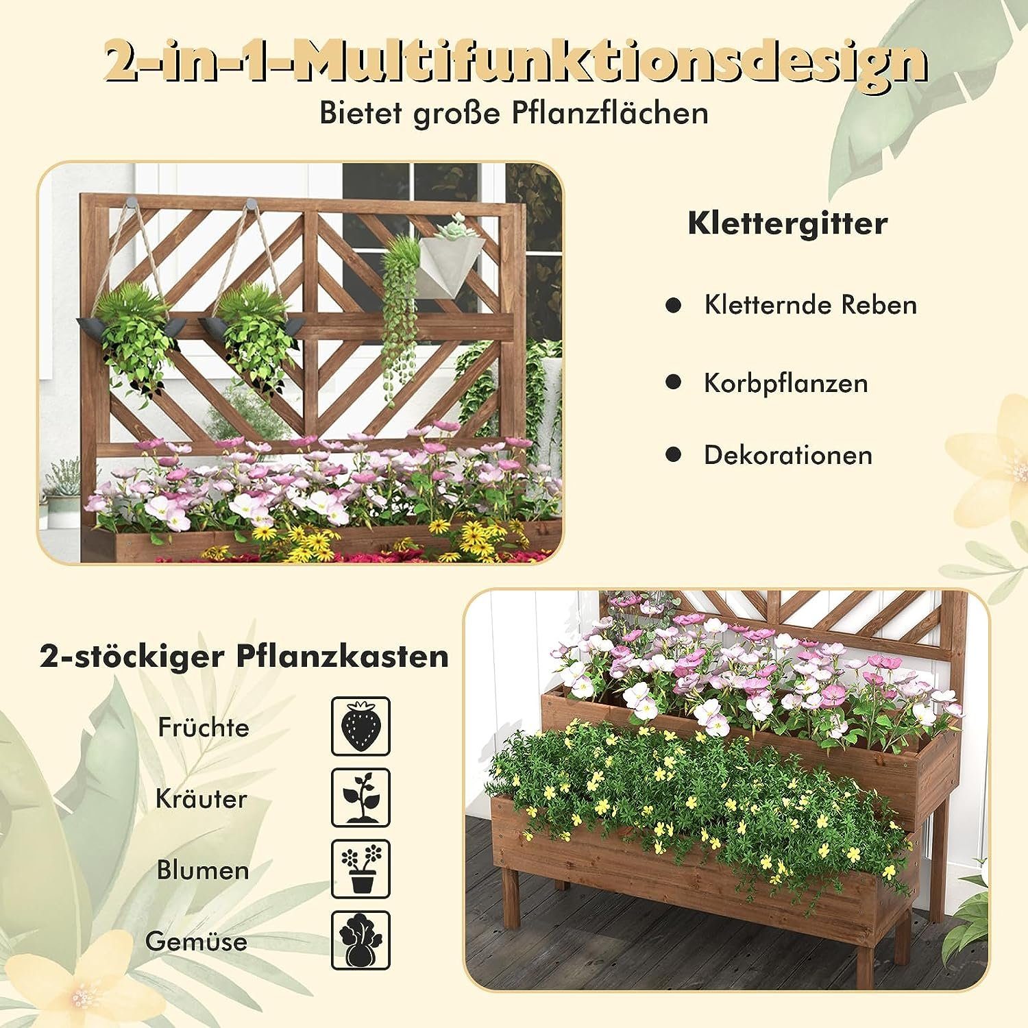 KOMFOTTEU Hochbeet mit Rankgitter, 2 Etagen Pflanzkasten, mit Entwässerungsloch