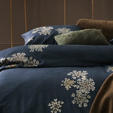Bettwäsche Lauren Indigo Blue, Essenza, Satin, 2 teilig, Blumen, Bärenklau, floral