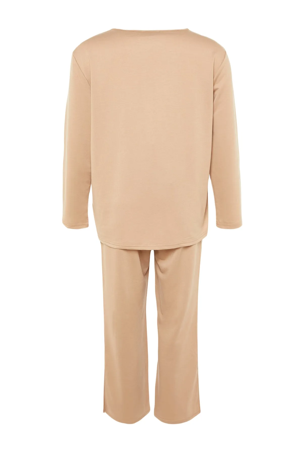Trendyol Curve  Beiges Pyjama-Set mit Strickbündchen und Schlitz TBBAW23AI00055