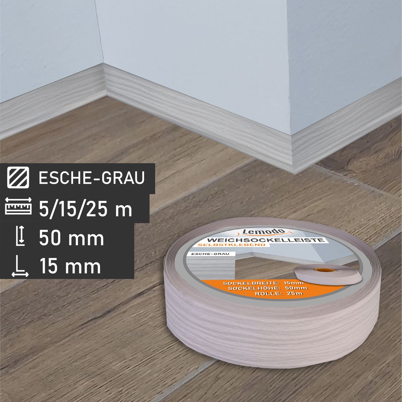 Lemodo Weichsockelleiste esche-grau, 5m Rolle